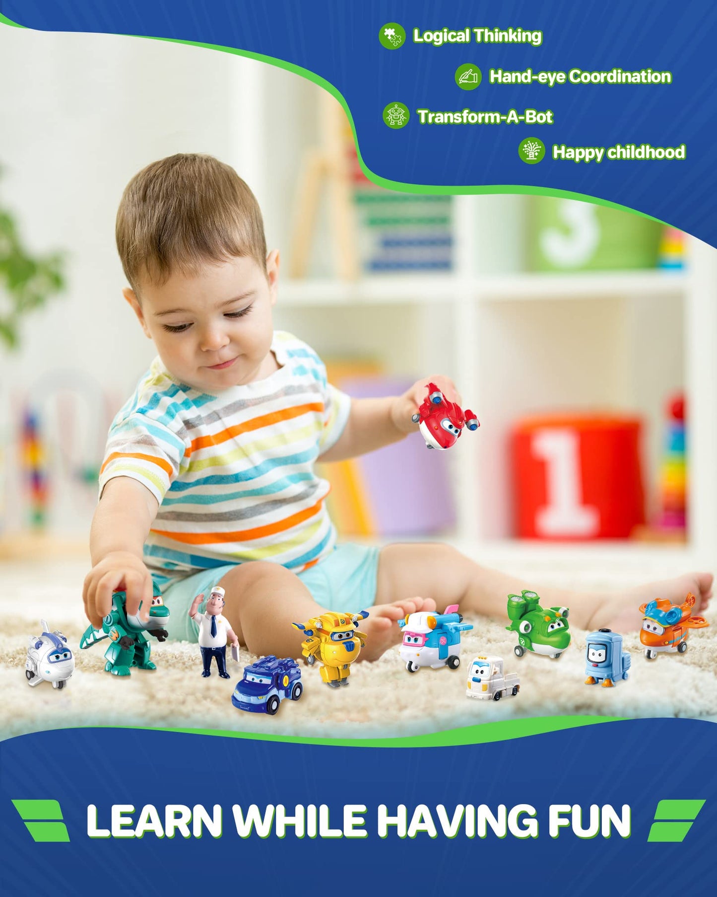 Super Wings 15-Pack Transforming Toys 2 inch Airplane Robot Mini Action Figures with Real Mobile Wheels for Kids 3 4 5 6 7 8+ Birthday Party Supplies