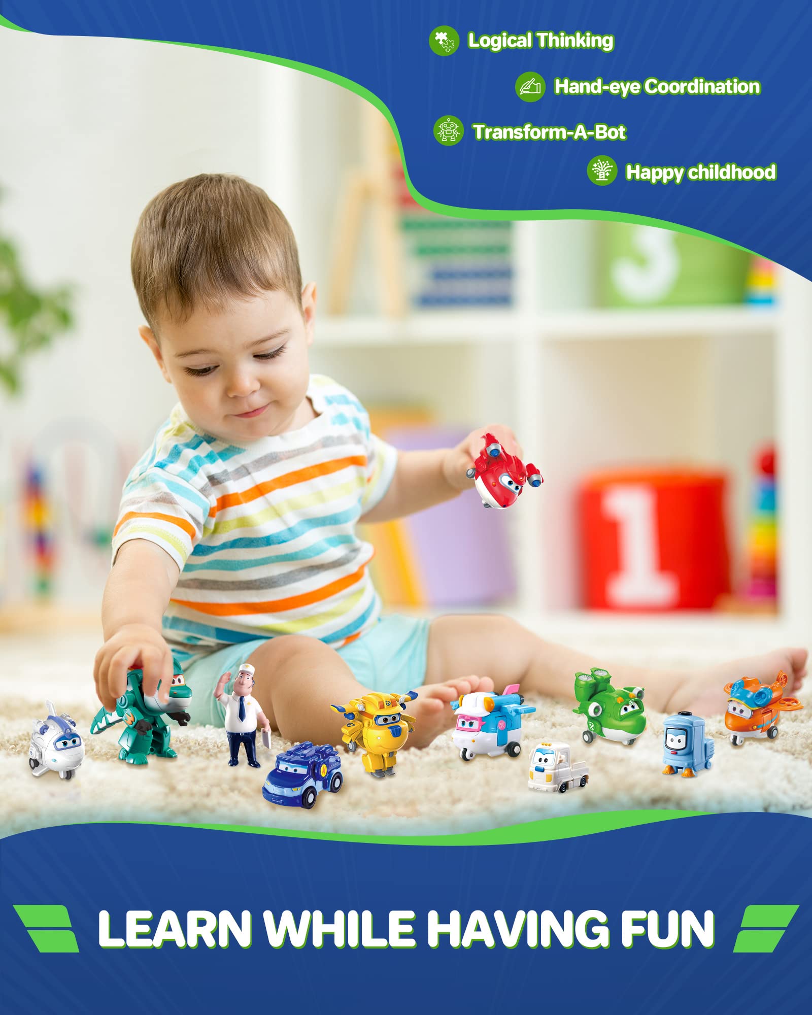 Super Wings 15-Pack Transforming Toys 2 inch Airplane Robot Mini Action Figures with Real Mobile Wheels for Kids 3 4 5 6 7 8+ Birthday Party Supplies