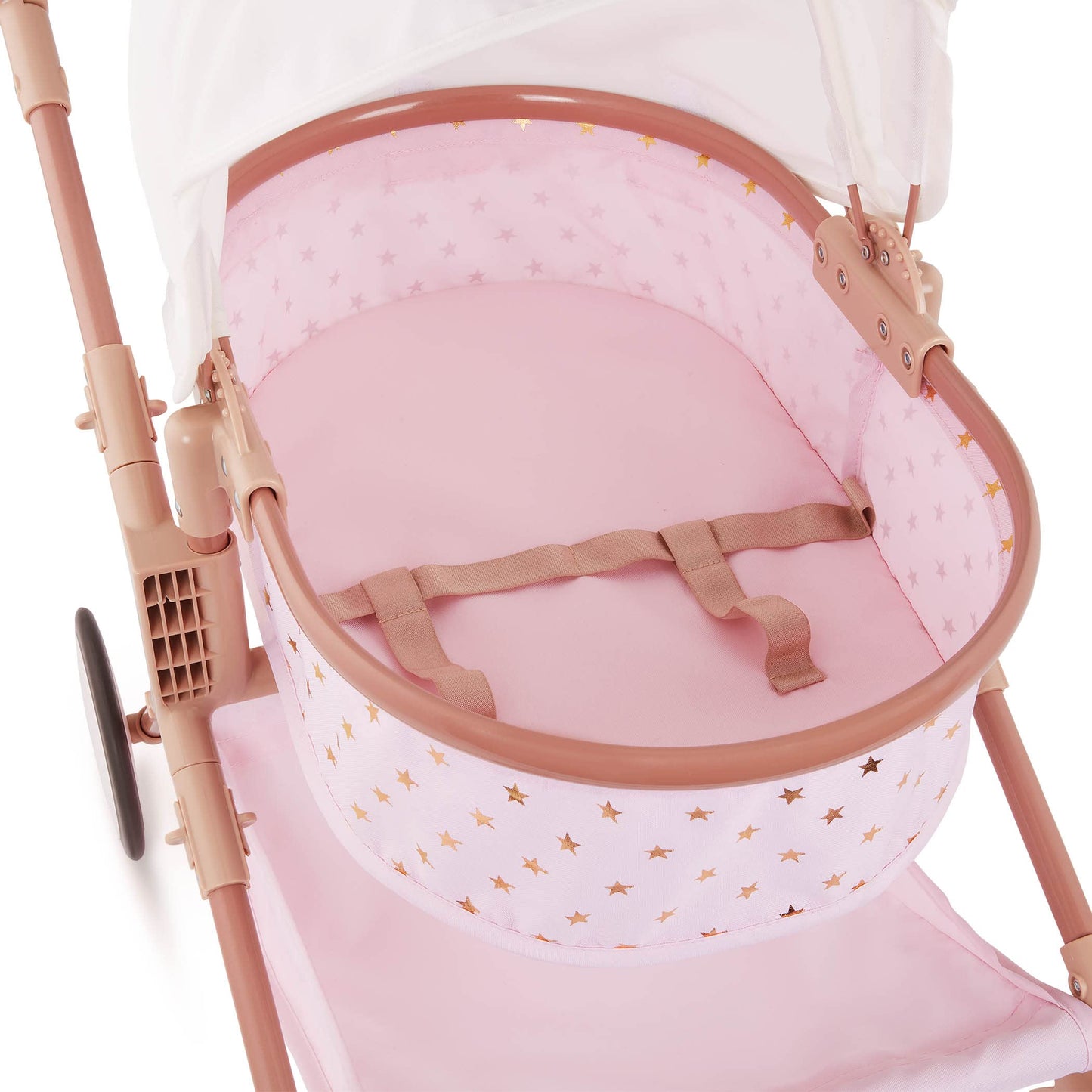 LullaBaby BABI by Battat - Baby Doll Double Stroller Mini Gold Stars - Foldable Canopy, Swivel Wheels, Storage Basket - Pink Carriage Fits Twin