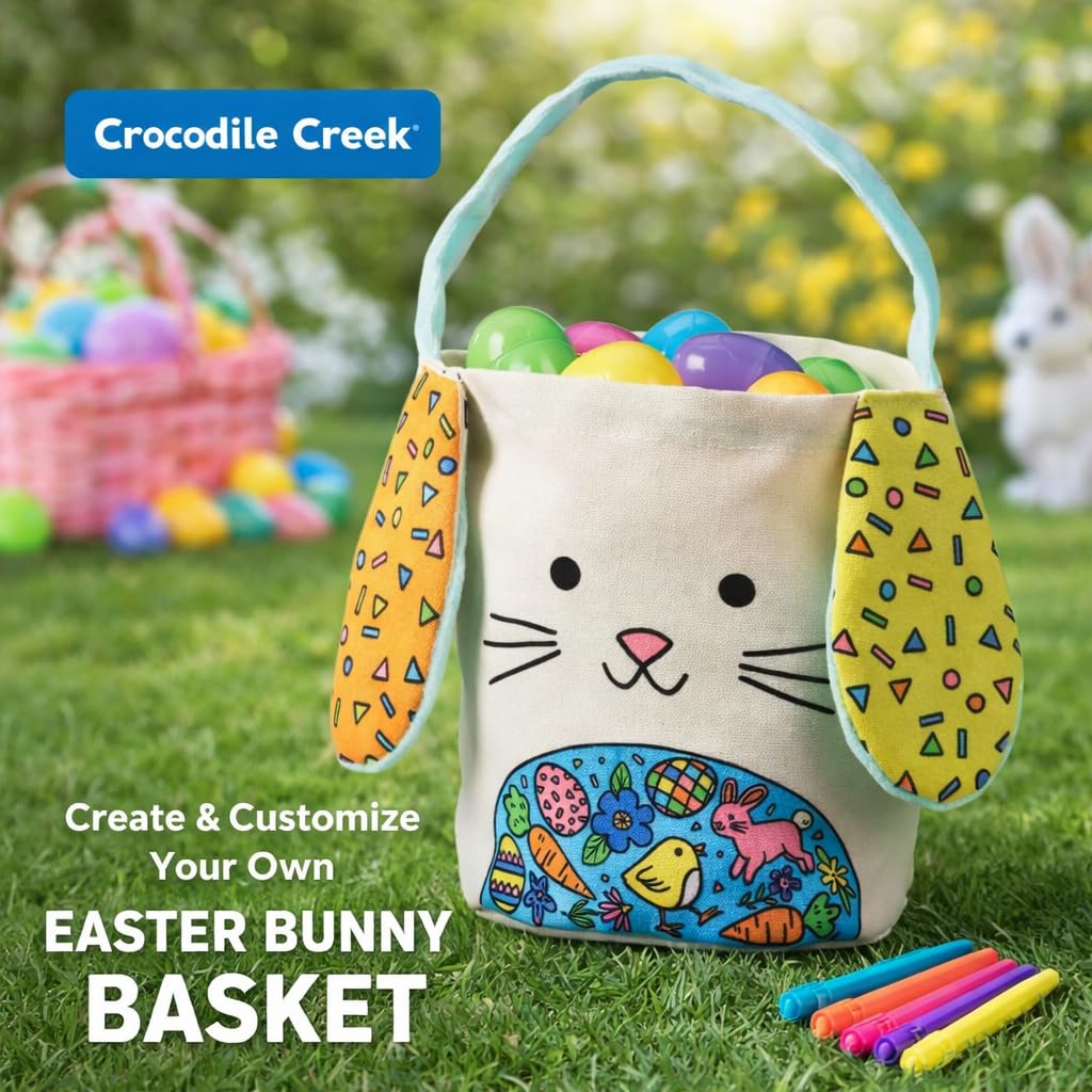 Crocodile Creek Color Your Own Easter Bunny Basket Craft Kit - Cotton Easter Basket with 6 Fabric Markers for Kids Ages 6+ - DIY Easter Activity