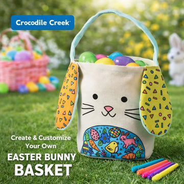 Crocodile Creek Color Your Own Easter Bunny Basket Craft Kit - Cotton Easter Basket with 6 Fabric Markers for Kids Ages 6+ - DIY Easter Activity