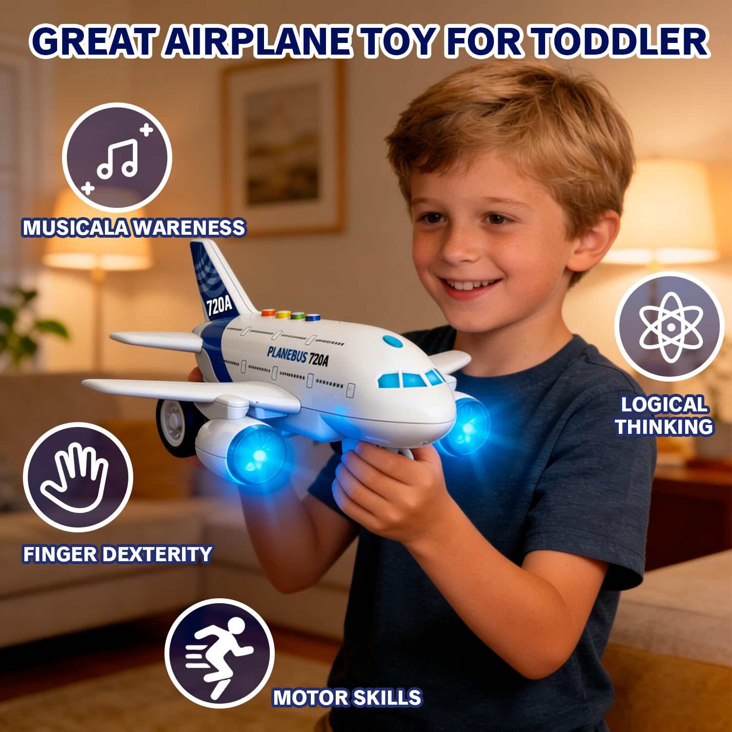 lonfypeng Kids Airplane Toy with LED Lights & Music Sounds, Electric Aircraft Toy for Toddlers Boys Girls Age 3 4 5 6, Birthday for Kids Who Love