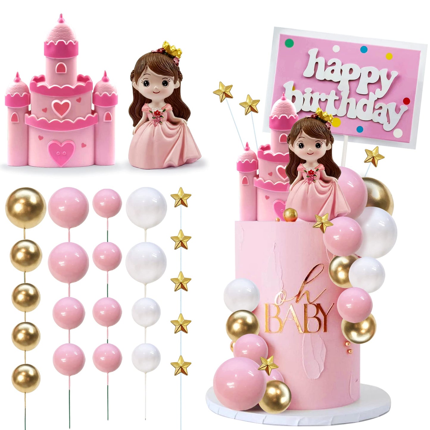 26PCS Princess Castle Cake Topper Girl Princess Cake Decoration Happy Birthday Insert Cards for Girl Birthday Party Supplies