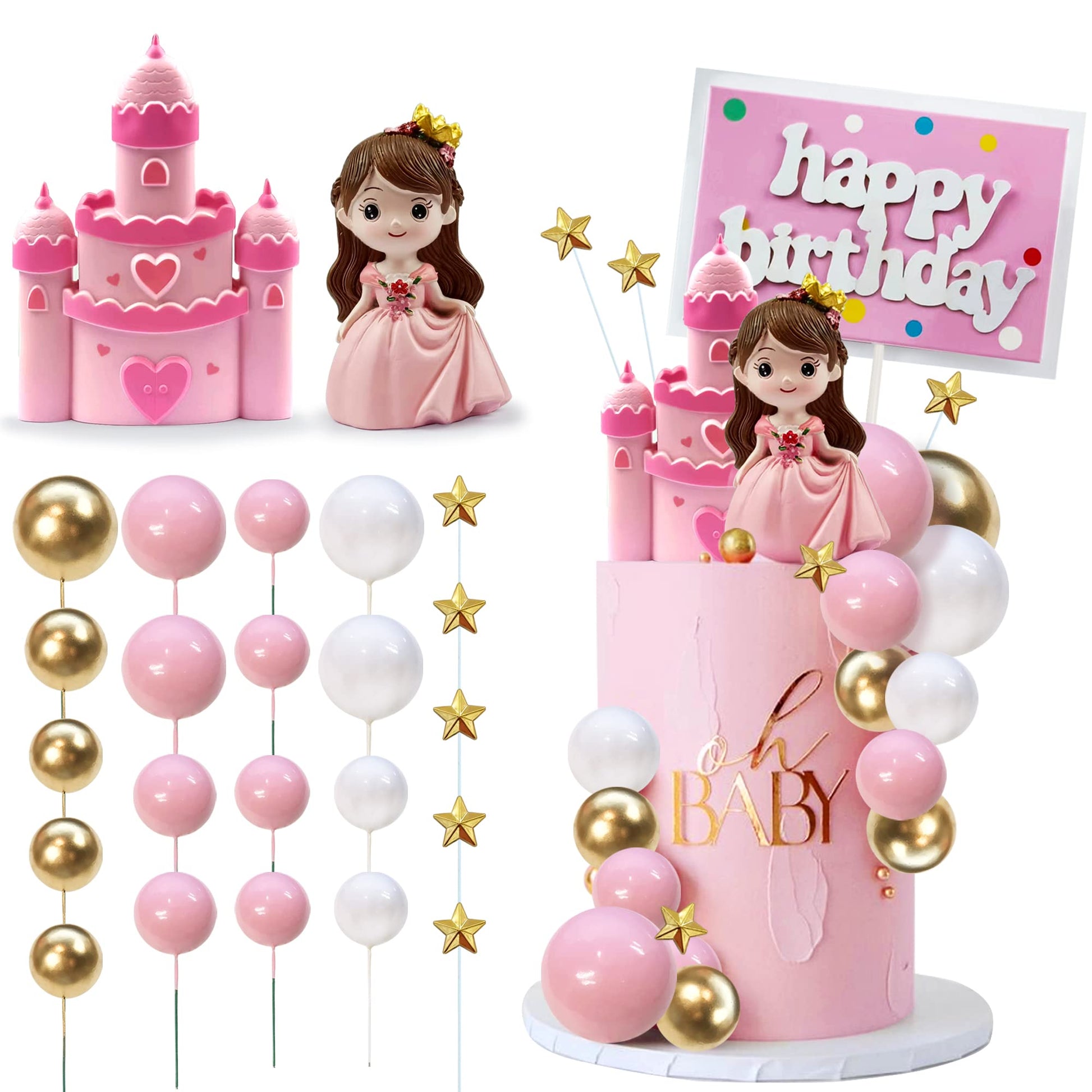 26PCS Princess Castle Cake Topper Girl Princess Cake Decoration Happy Birthday Insert Cards for Girl Birthday Party Supplies