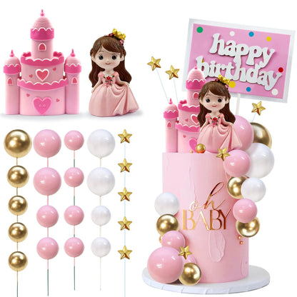 26PCS Princess Castle Cake Topper Girl Princess Cake Decoration Happy Birthday Insert Cards for Girl Birthday Party Supplies