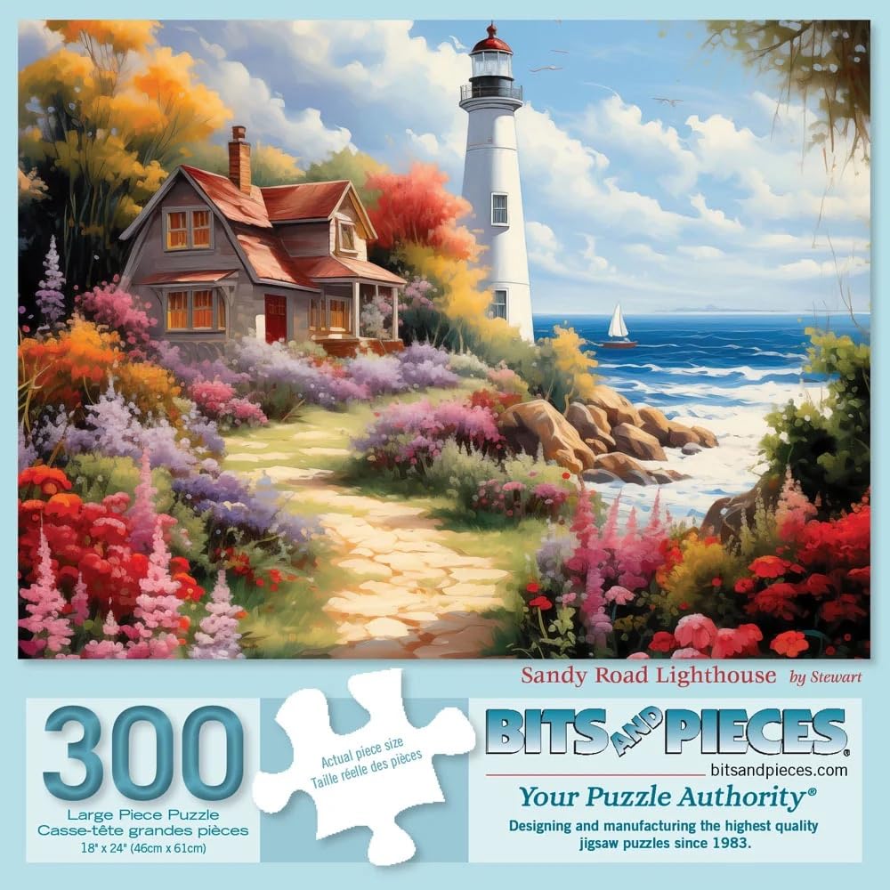 Bits and Pieces - 300 Piece Jigsaw Puzzle for Adults - 18" x 24" - Sandy Road Lighthouse - 300 pc Large Piece Beach Ocean Jigsaw by Stewart