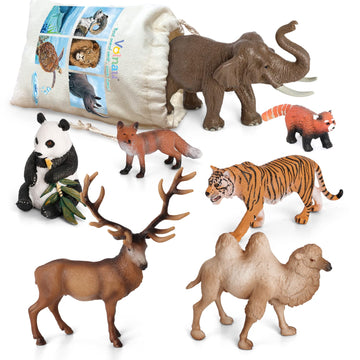 Volnau Safari Animal Figurines Toys 7PCS Asia Figures for Toddlers Kids Christmas Decoration Gift Preschool Educational Zoo Pack Elephant Camel Panda