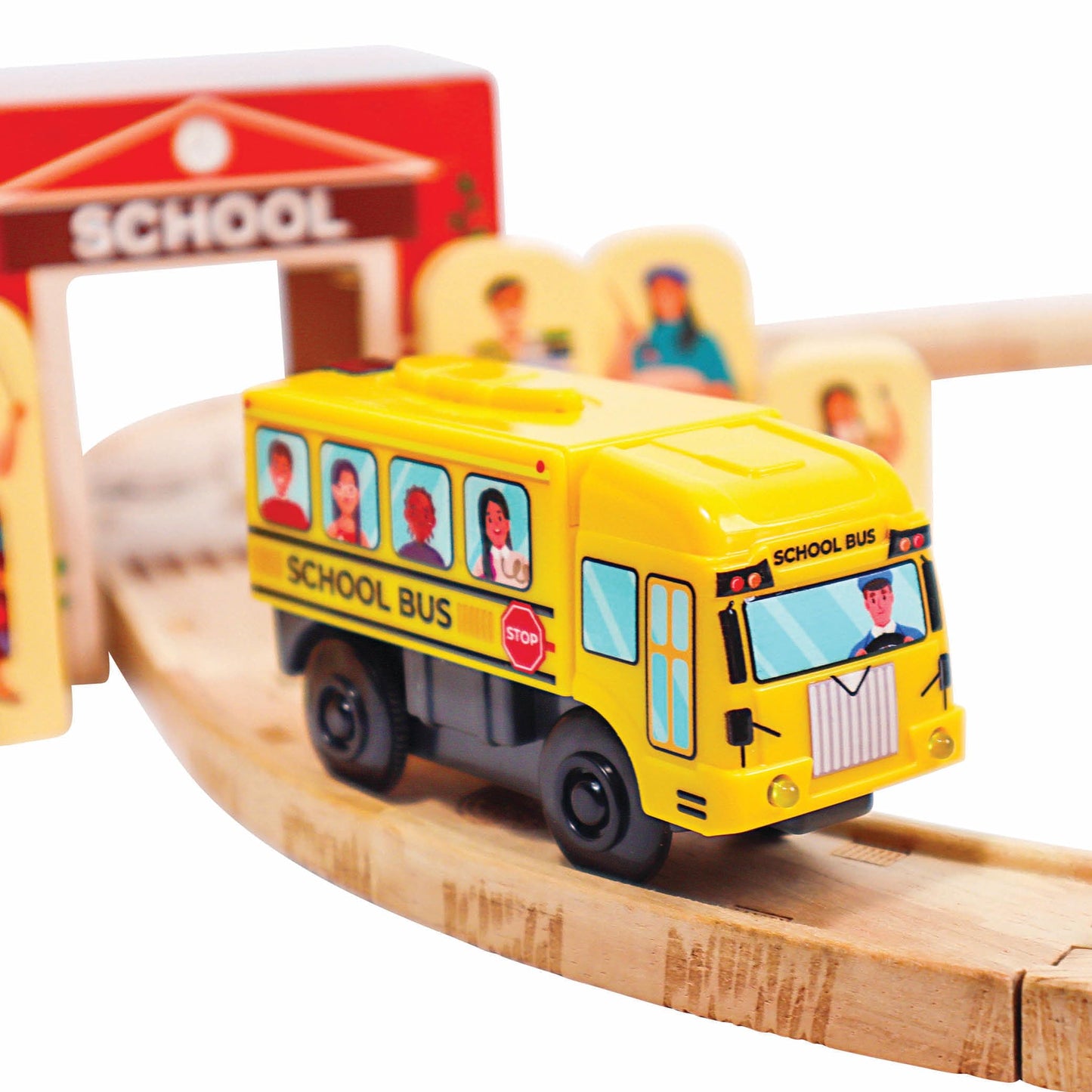 Motorized School Bus for Wooden Track - Yellow Schoolbus Themed Battery Operated - Includes Wooden Bus Stop Sign - Electric Powered Engine Toy