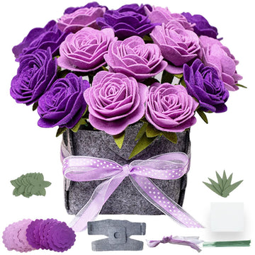 BAZIMA DIY Felt Flower Art Craft Kit, DIY Purple Rose Pot Bonsai Kit, Floral Gifts, Beginner Craft Kit, Arrange Pre-Cut Flowers and Foliage