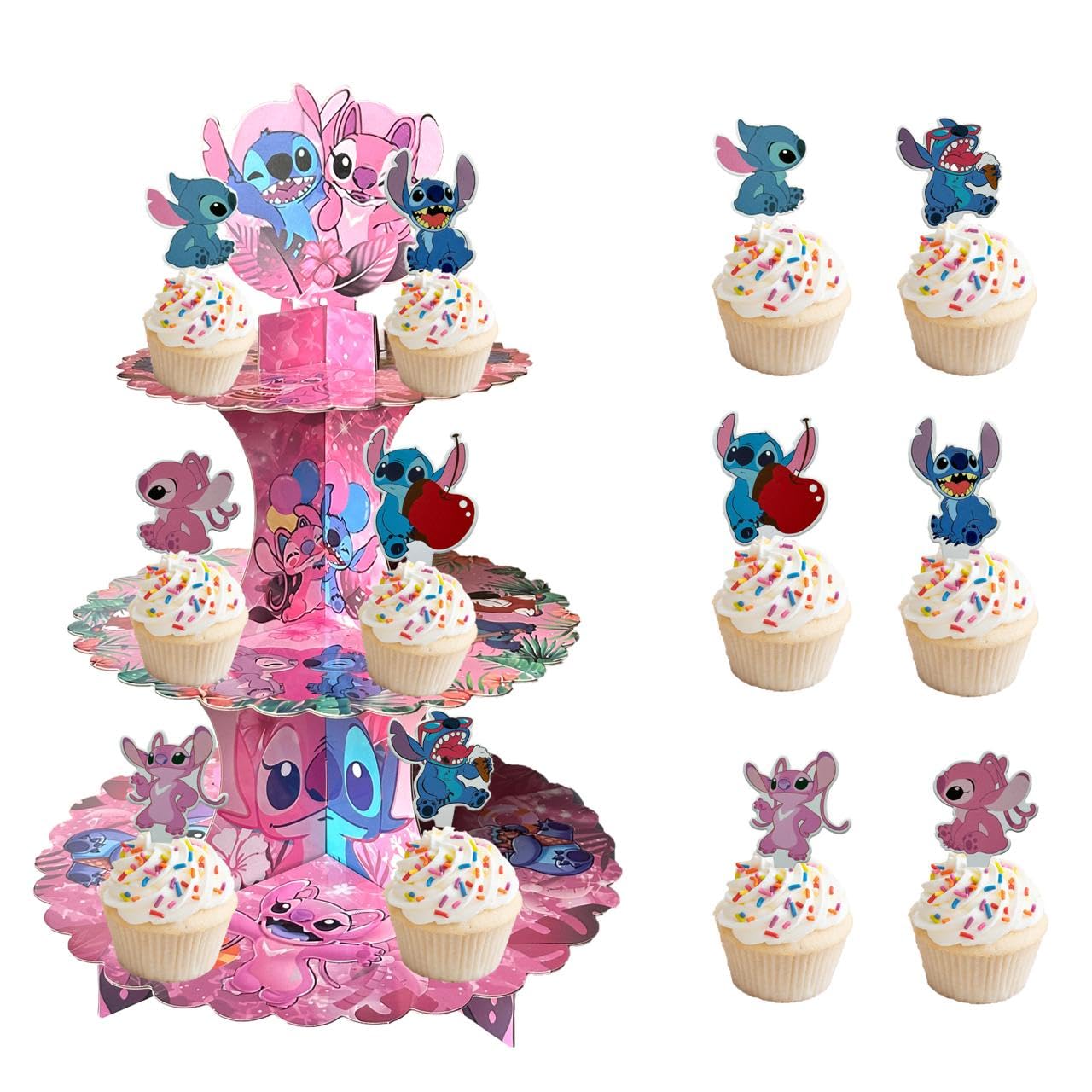 Stitch Cupcake Stand 3-Tier Pink with 24 Stitch Cupcake Toppers - Hawaiian Aloha Luau Birthday Party Decorations for Kids, Stitch Party Supplies