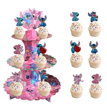 Stitch Cupcake Stand 3-Tier Pink with 24 Stitch Cupcake Toppers - Hawaiian Aloha Luau Birthday Party Decorations for Kids, Stitch Party Supplies