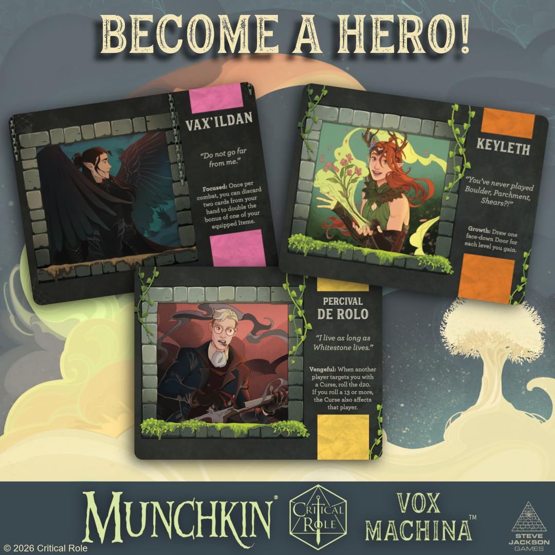 Munchkin Vox Machina - A Critical Role Game by SJG | Ages 10+ | 3-6 Players | Tal’Dorei Board Game with Character Standies, D20 Dice, Roles & Drives