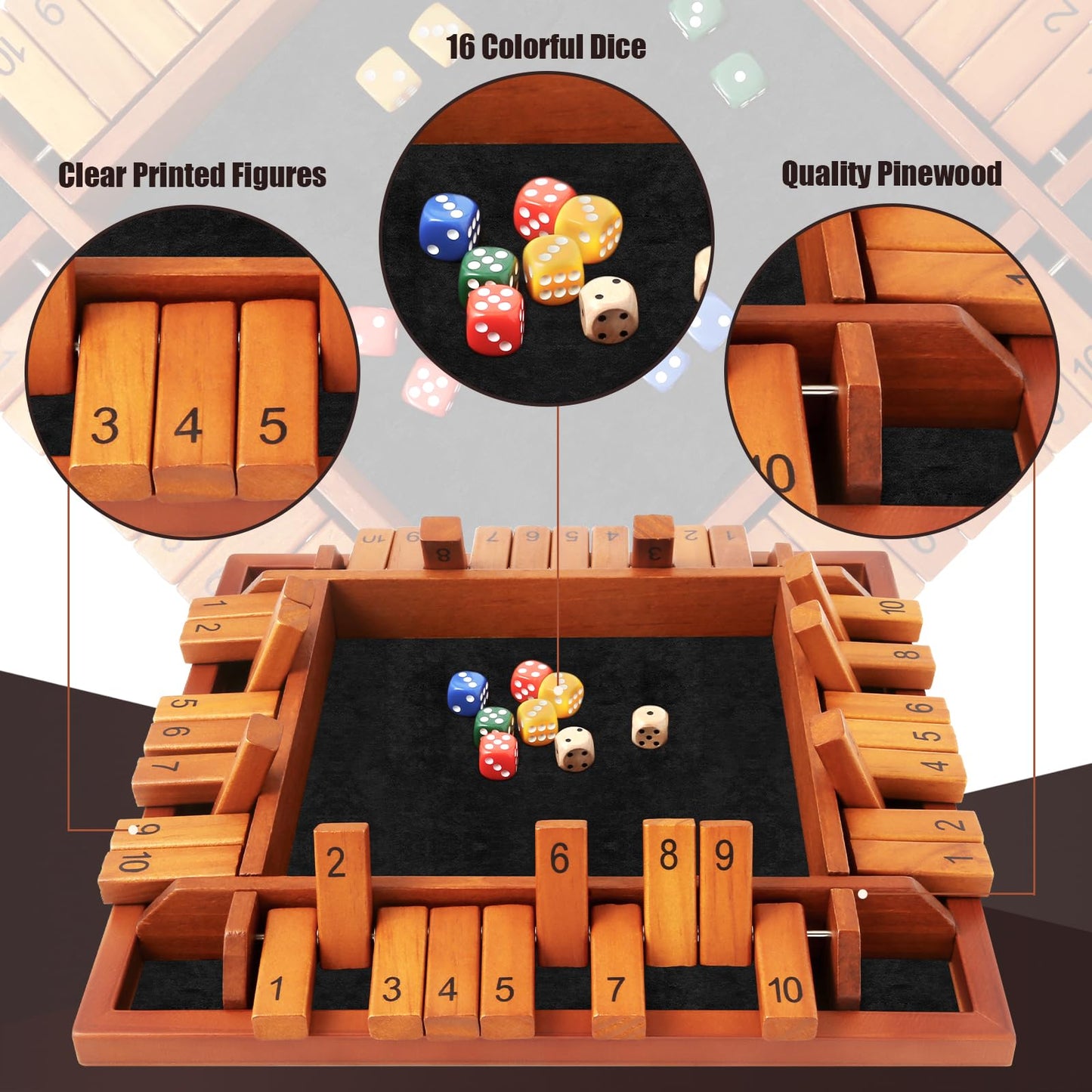 Toidgy 4 Players Shut The Box Dice Games, Wooden Board Table Math Game with 12 Dice and Instructions, Classics Close The Box Board Game for Adults