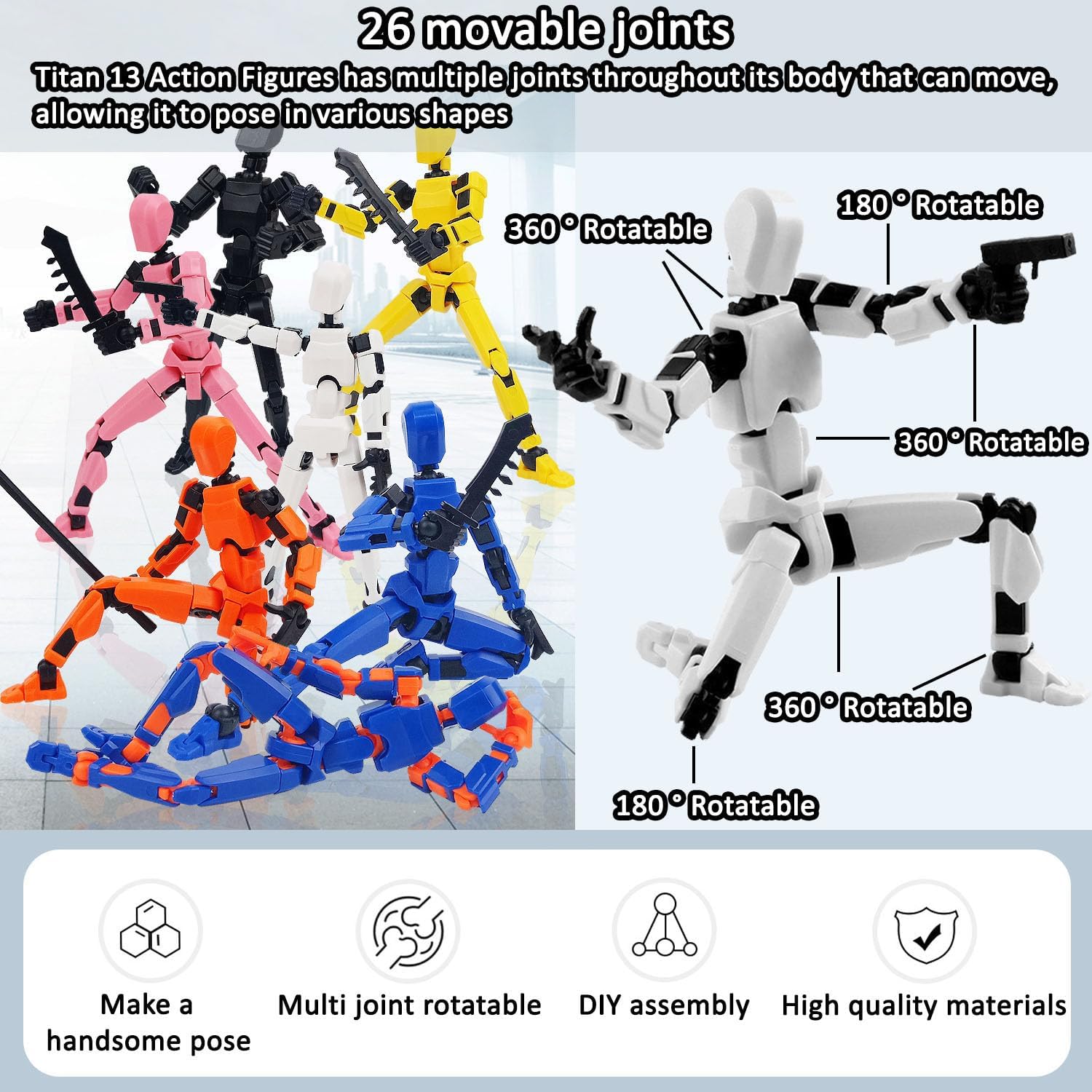 BVVLI T13 Action Figure Set, 10PCS Robot 3D Printed Toys Lucky Titan 13 Action Figure with Multiple Accessories, Dummy 13 Multi-Jointed Movable, Gifts