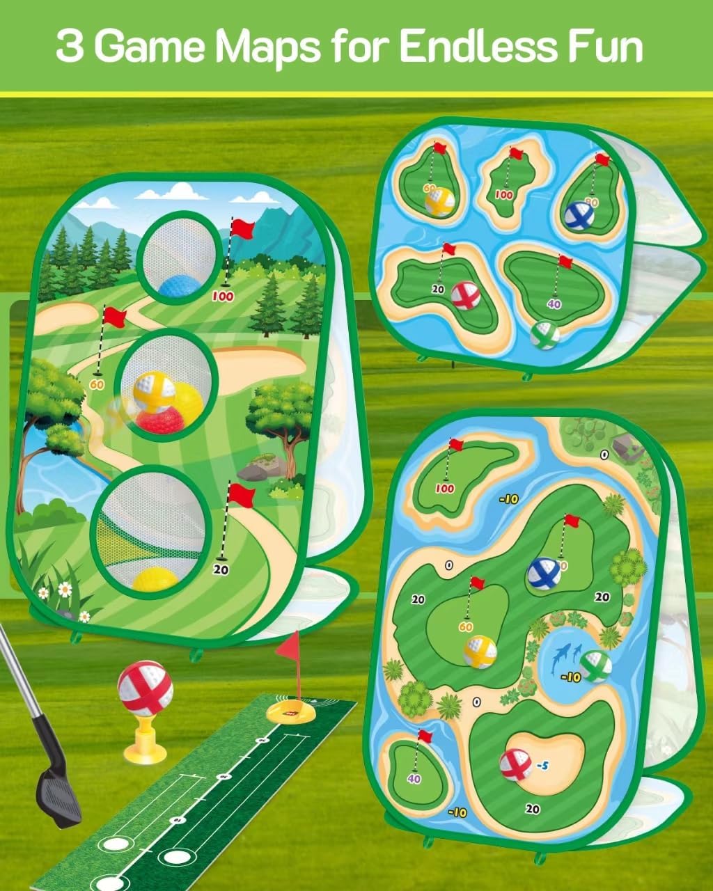 haoetcw 4-in-1 Kids Sticky Golf Games Set with Club, Golf Putting Practice Mat,3-Sided Golf Chipping Net, Multiple Game Modes, Golf Cornhole Board Set