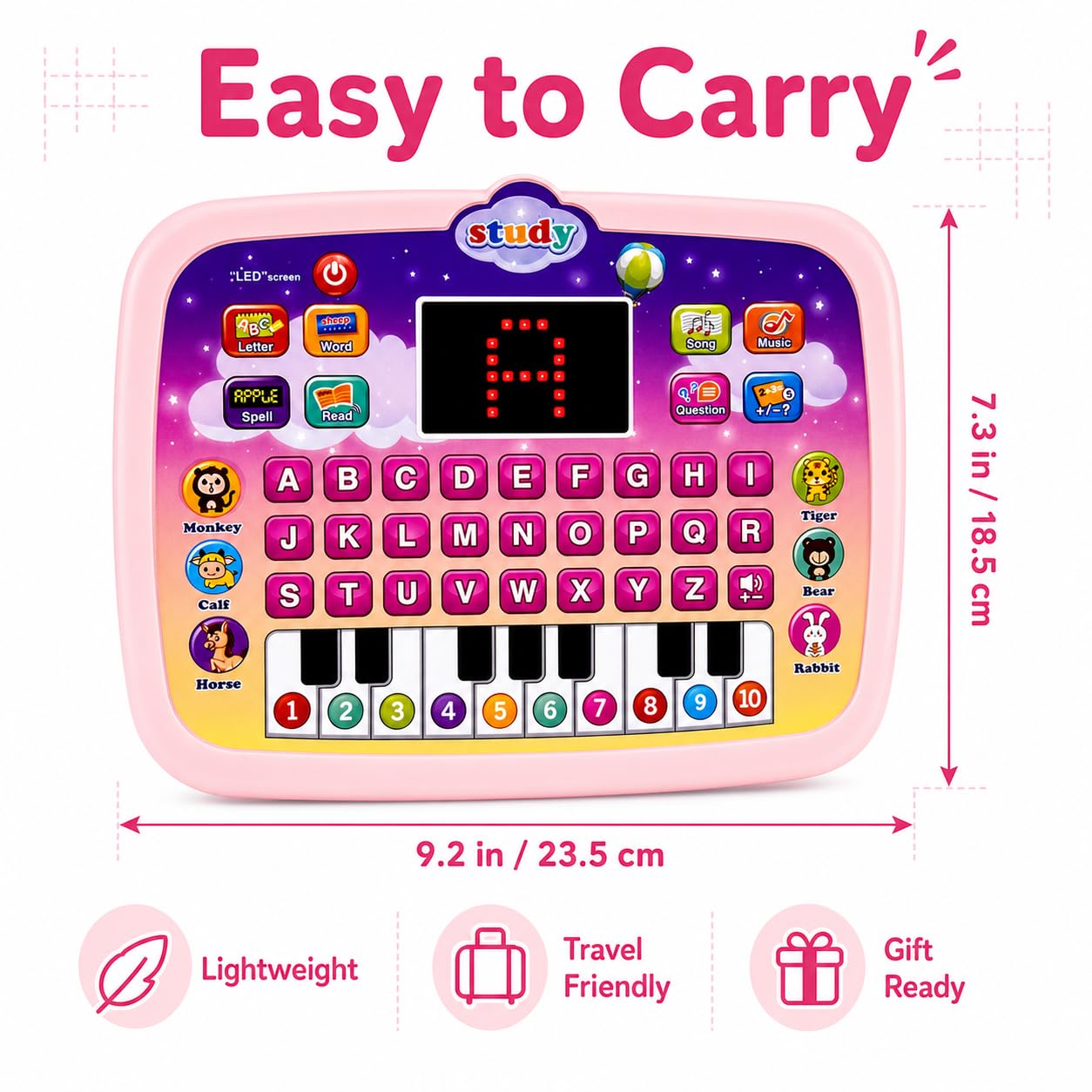 STOULKD Toddler Learning Tablet for 1 2 3 Year Old, ABC Spelling & Speech Learning Toy with Piano Keys, Music Educational Toy, Portable Travel Gift