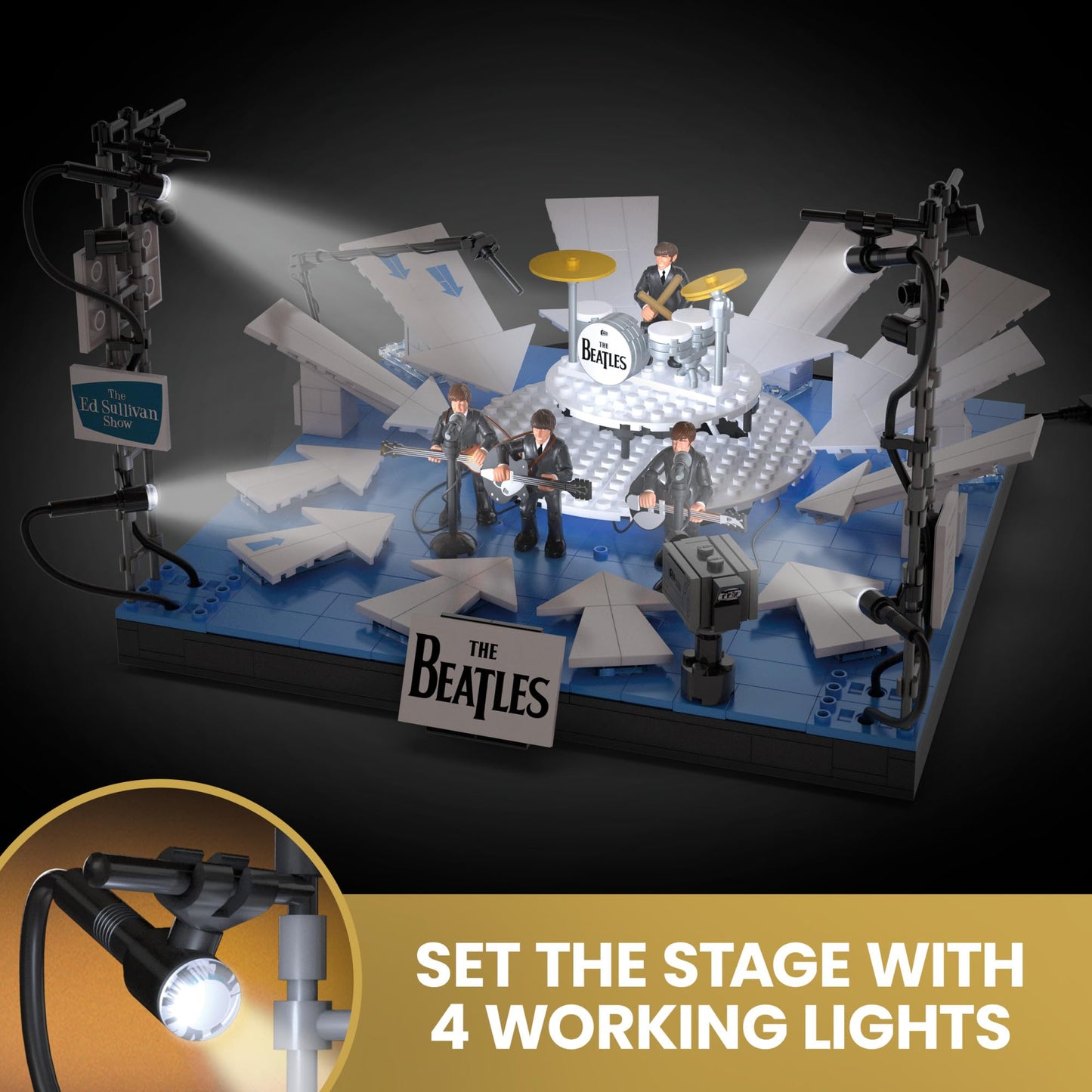 MEGA The Beatles Building Set with 681 Pieces, 4 Poseable Action Figures and Ed Sullivan Stage, with LED Lights, for Adult Collectors