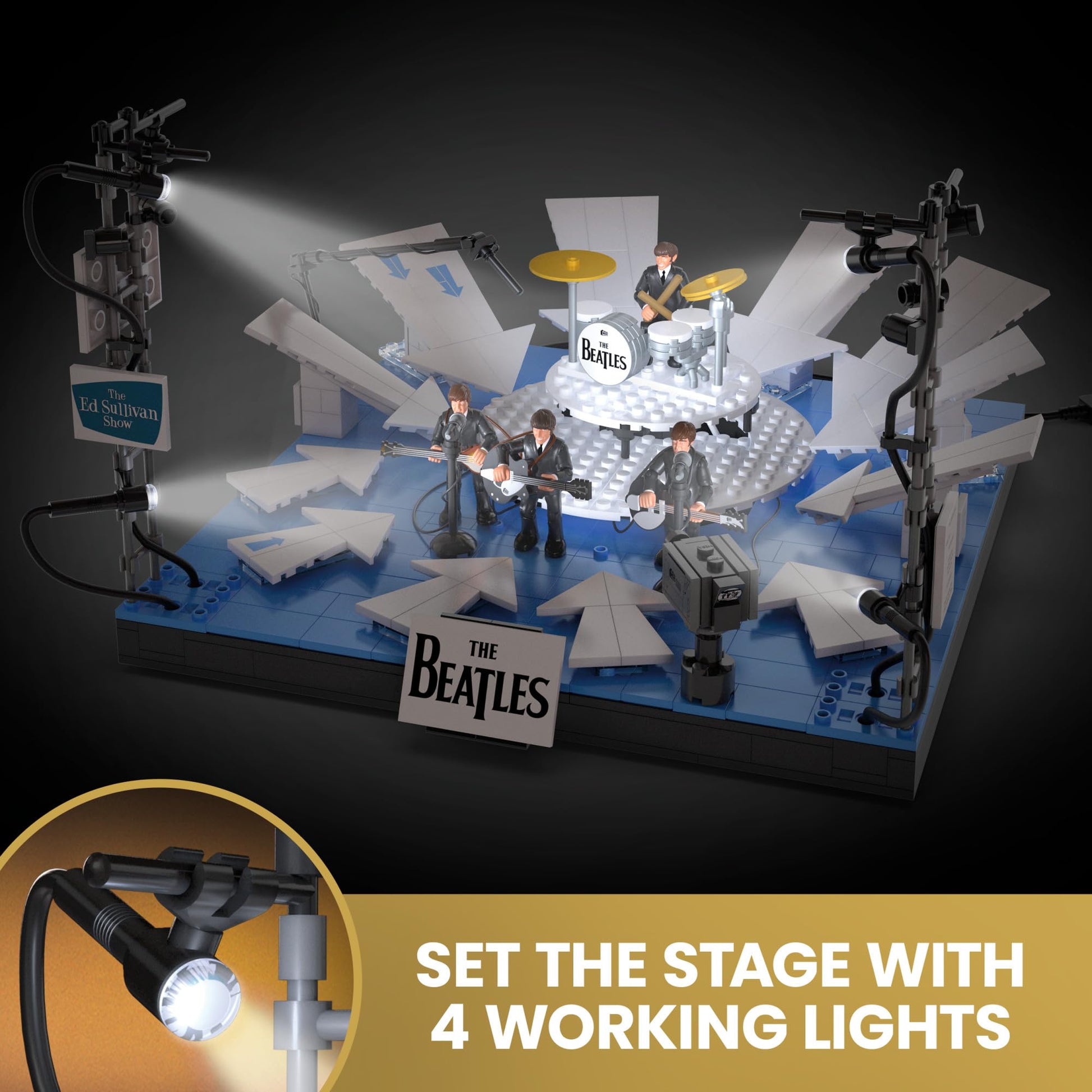 MEGA The Beatles Building Set with 681 Pieces, 4 Poseable Action Figures and Ed Sullivan Stage, with LED Lights, for Adult Collectors