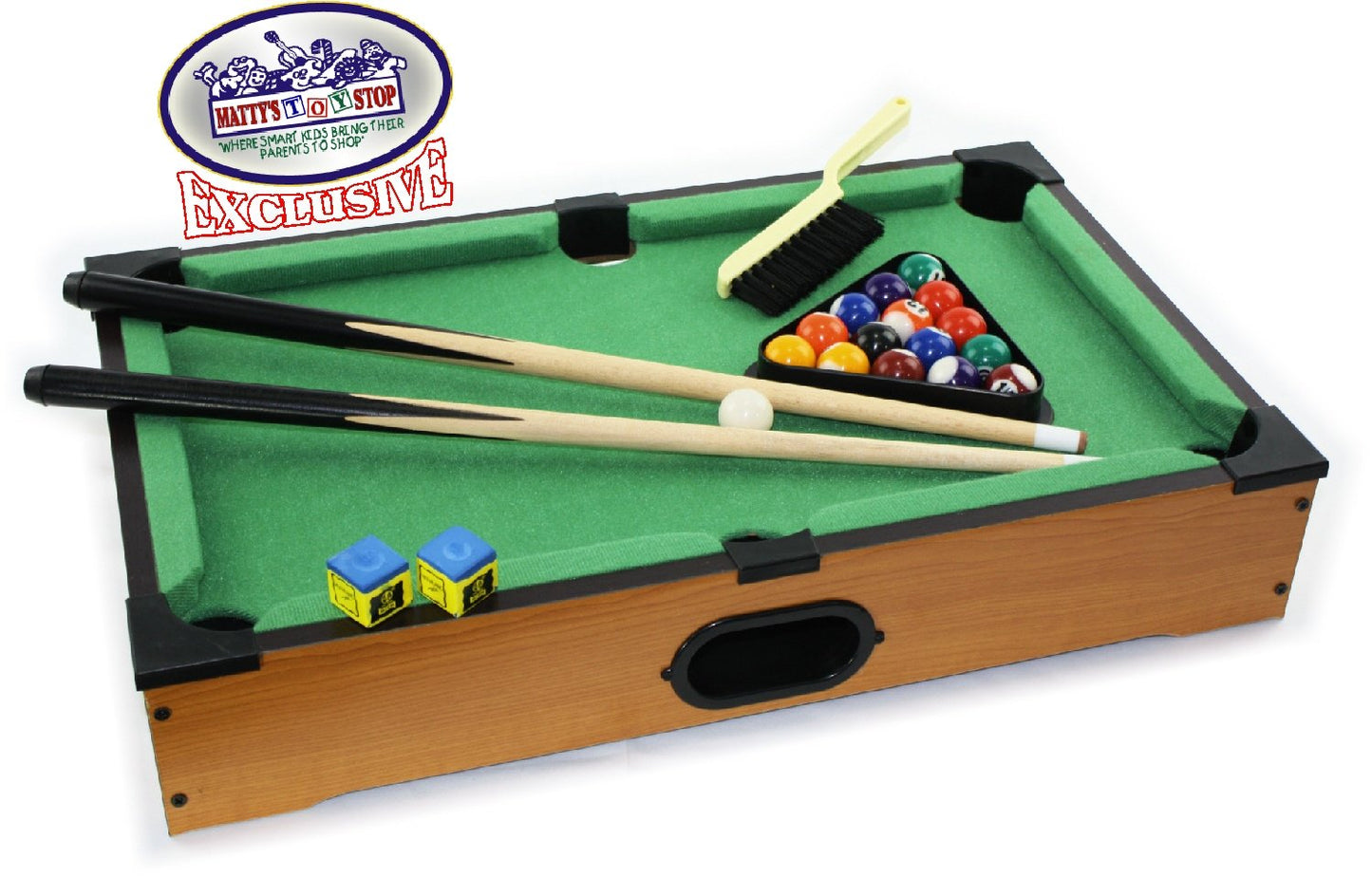 Matty's Toy Stop Deluxe 20" Wooden Table Top Pool (Billiards) Table with 15 Colored Balls, 1 Cue Ball, 1 Brush, 2 Pool Sticks, 2 Cubes of Chalk