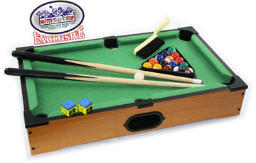 Matty's Toy Stop Deluxe 20" Wooden Table Top Pool (Billiards) Table with 15 Colored Balls, 1 Cue Ball, 1 Brush, 2 Pool Sticks, 2 Cubes of Chalk
