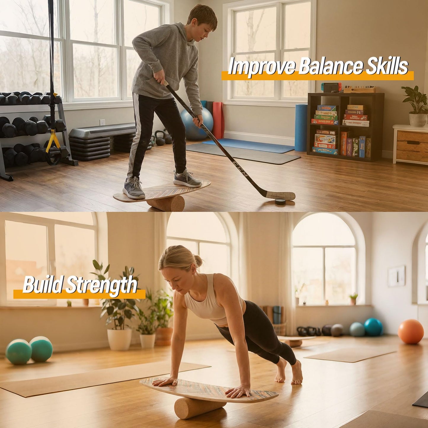 FANTASK Balance Board with 10 mm Cork Roll, Balancing Board Made of Birch Wood, FSC-Certified, 14 mm Balance Trainer, Maximum Load 100 kg, Wobble