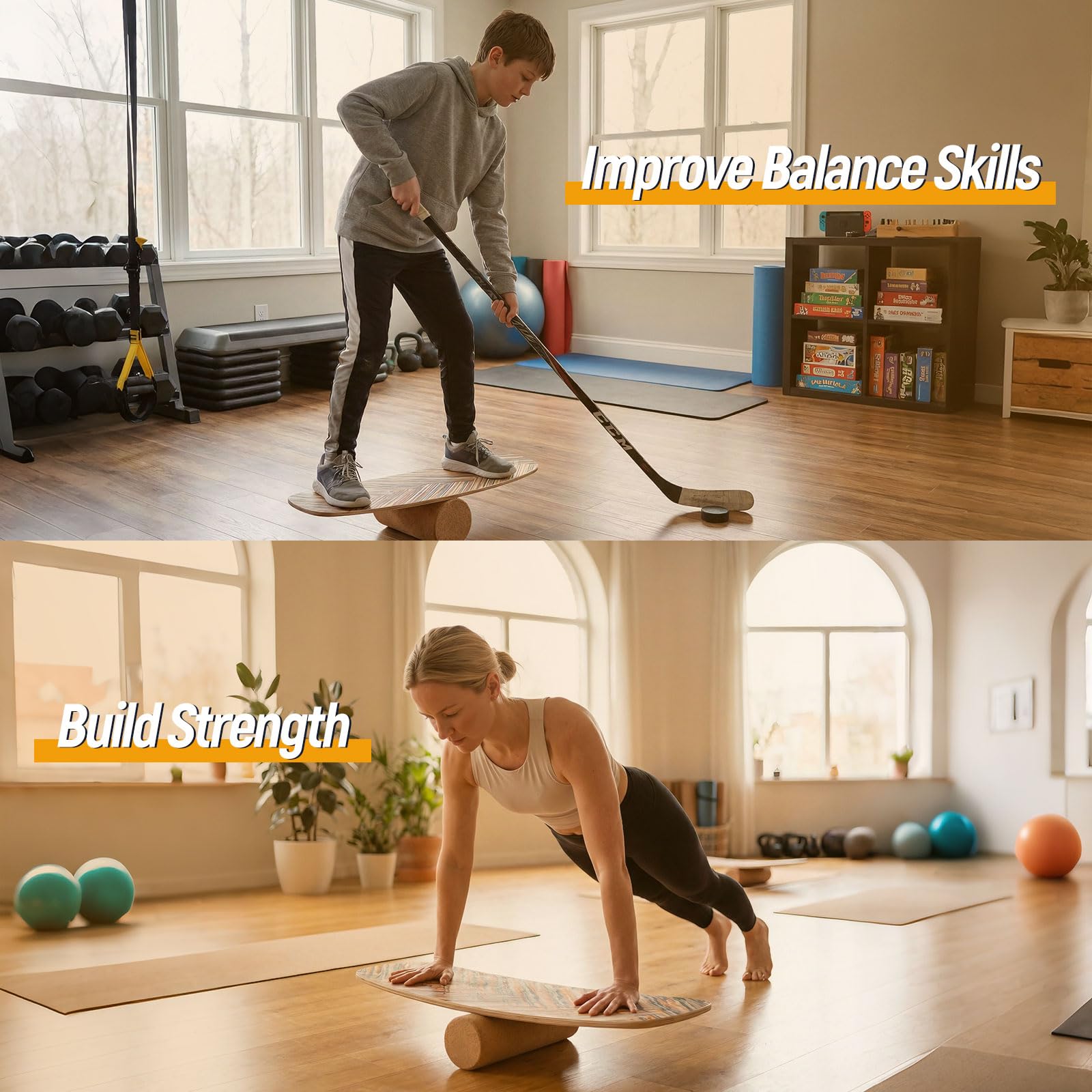 FANTASK Balance Board with 10 mm Cork Roll, Balancing Board Made of Birch Wood, FSC-Certified, 14 mm Balance Trainer, Maximum Load 100 kg, Wobble