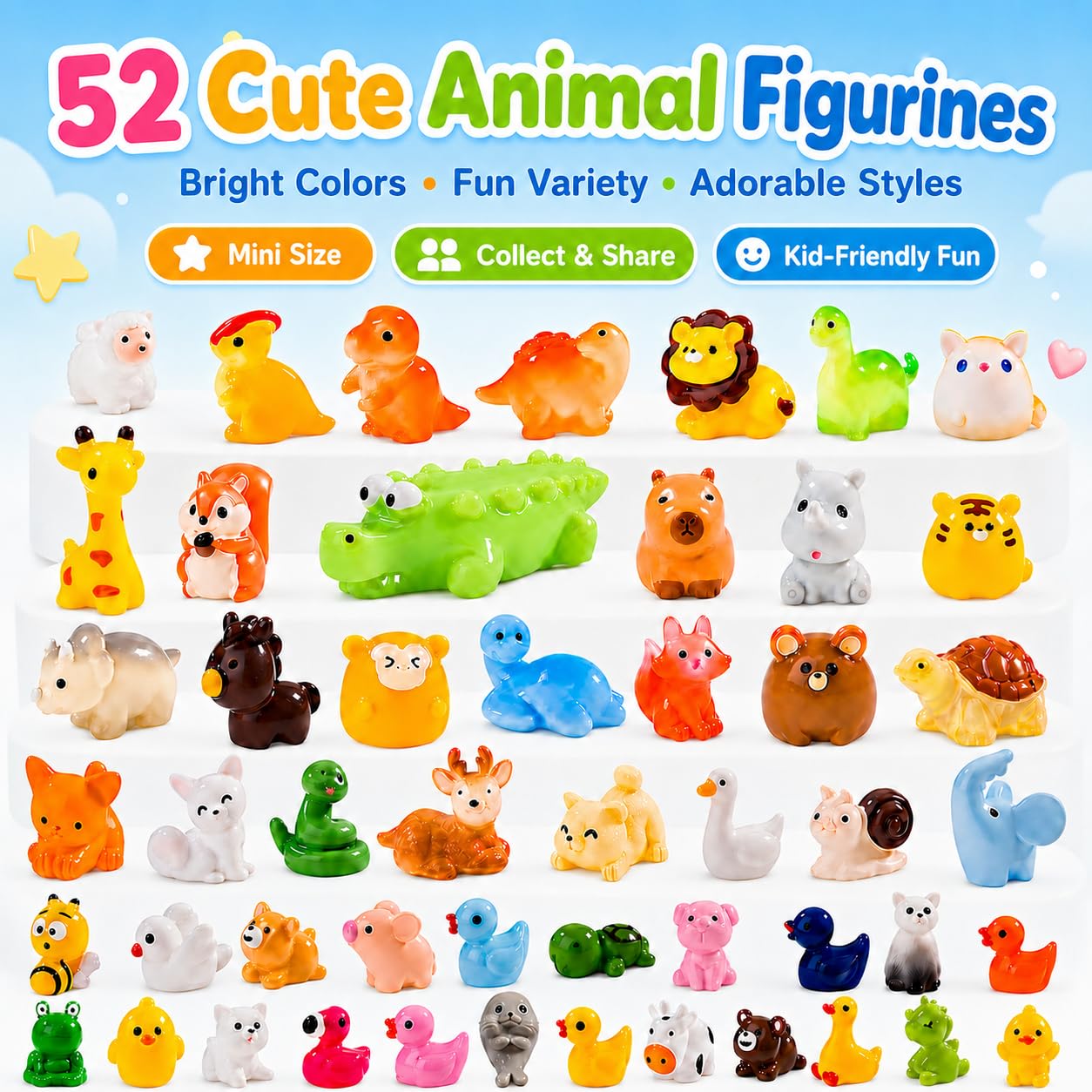 pkaoakyo 52pc Mini Resin Animal Figurines Set - Enchanted Fairy Garden & Desktop Decor, Eco-Friendly Collectible Gift | Vibrant Miniature Resin