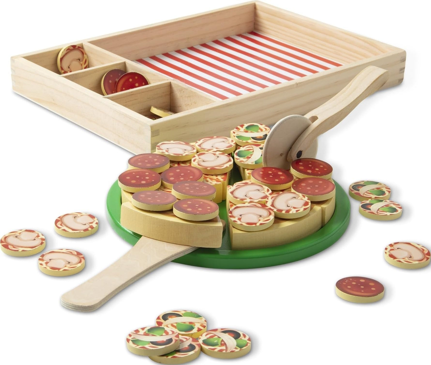 Melissa & Doug Wooden Pizza Party Play Set, 36 Self-Stick Toppings, Pizza Toy Kitchen Set & Play Kitchen Accessories, Preschool Toys for Boys & Girls