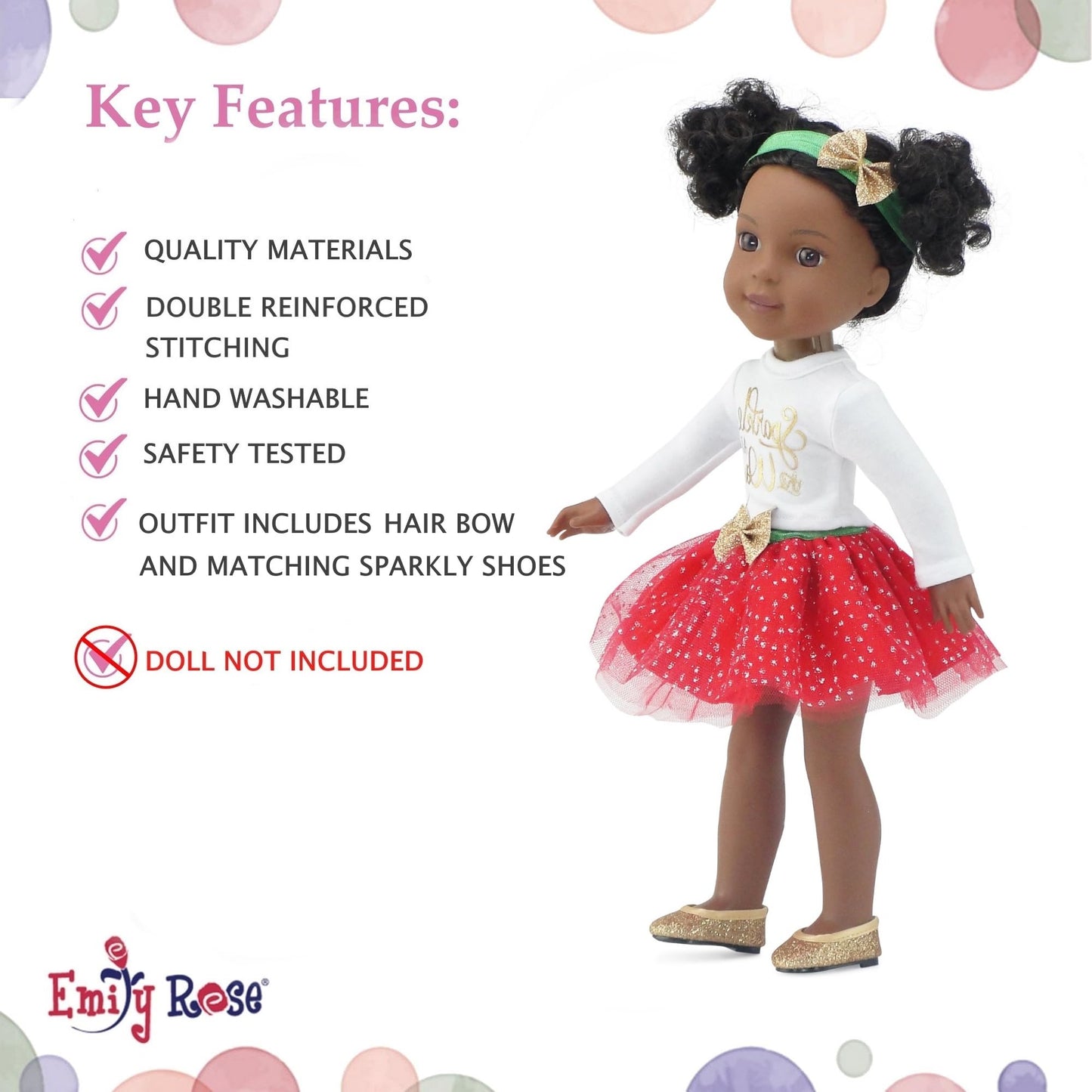 Emily Rose 14 Inch Doll Christmas Outfit 4-PC Holiday Set | Red Green Gold Sparkly Clothes | Compatible with Glitter Girls, Wellie Wishers, and Hearts