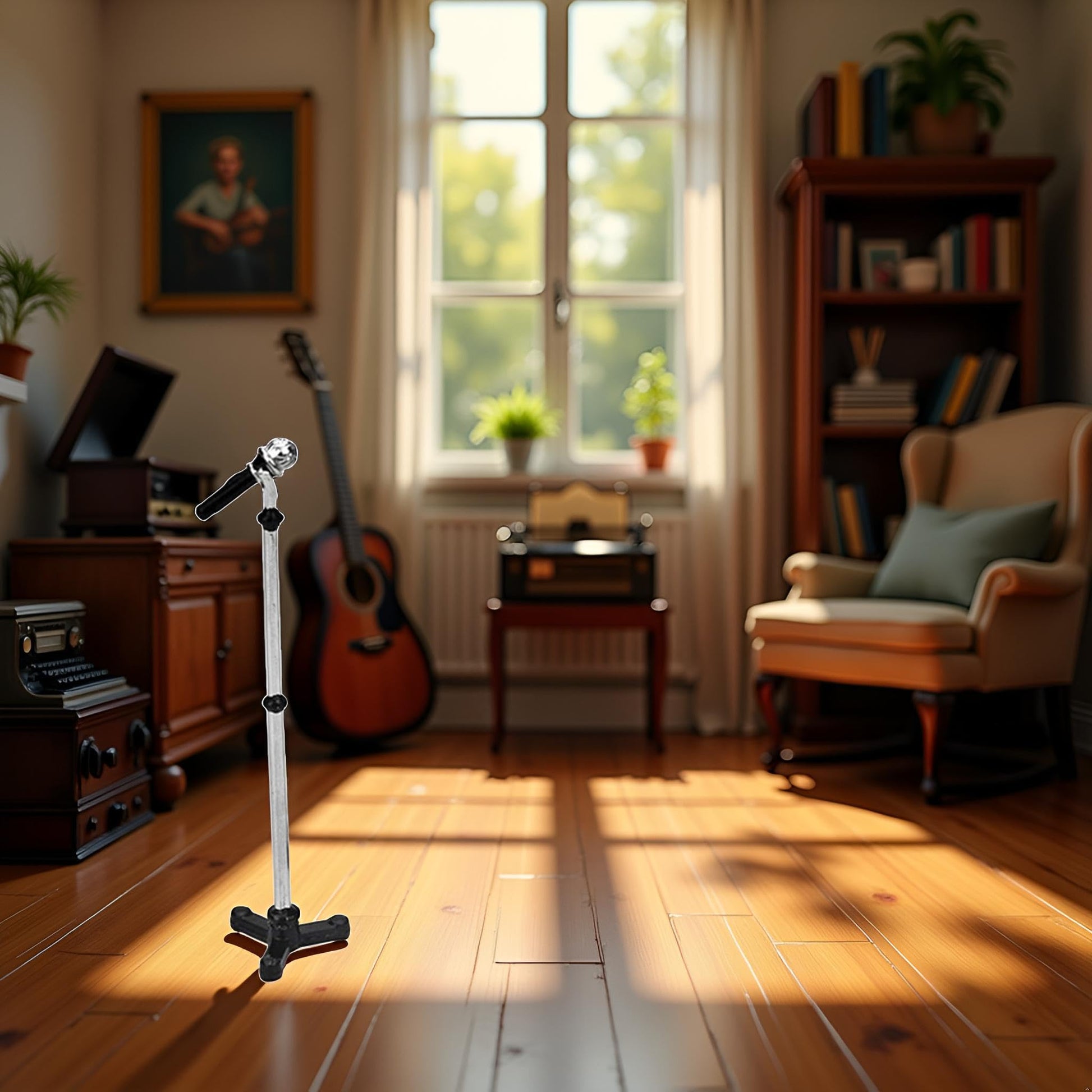 Black Decoration Accessories, 1:12 Miniature Scene Model Microphone with Stand, Decortion, Furniture, Microphone (90 x 18 mm)