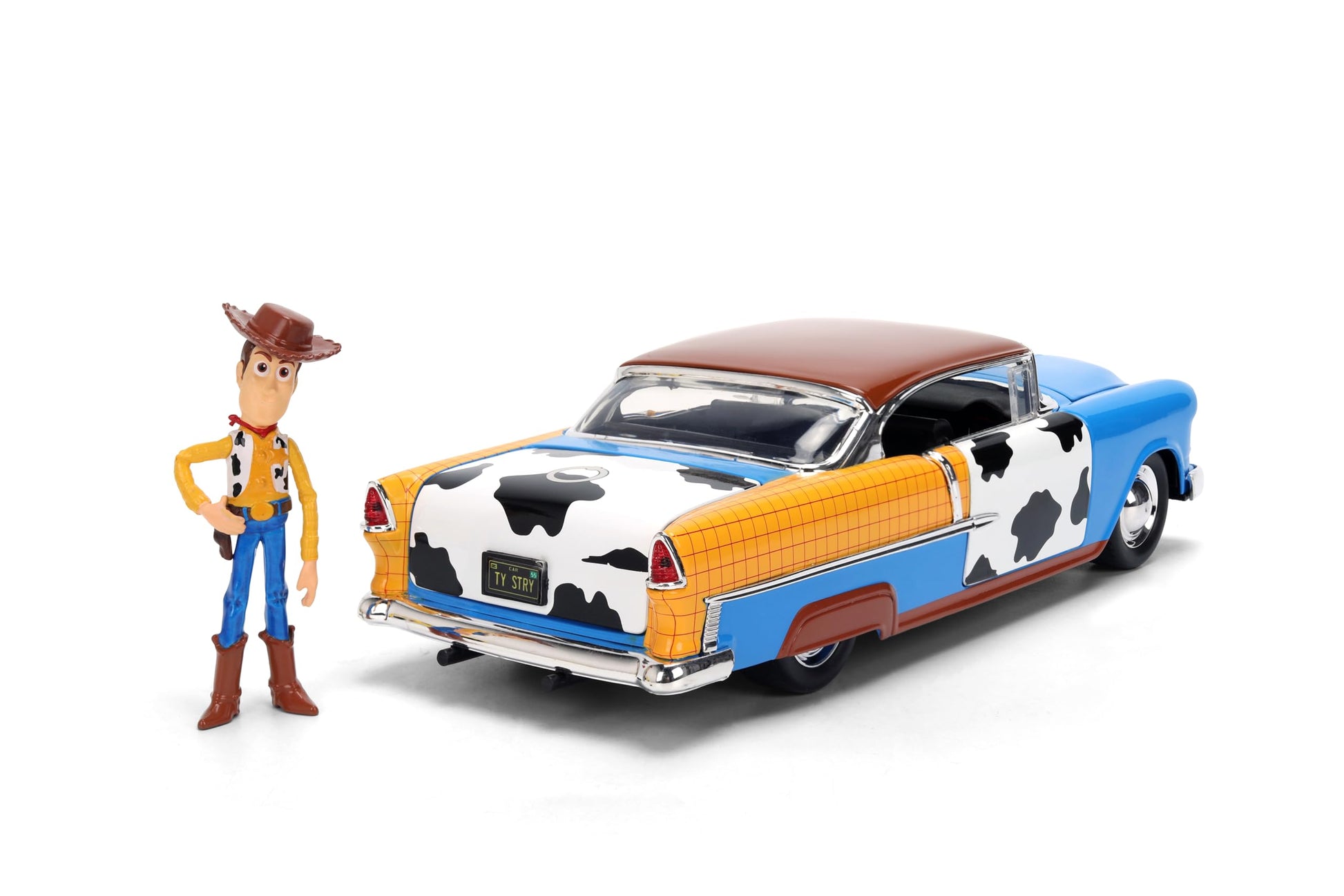 Jada Toy Story Woody 1955 Chevrolet Bel Air Die-Cast Car with Figure 1:24 Scale - Hollywood Rides Collectible Toys