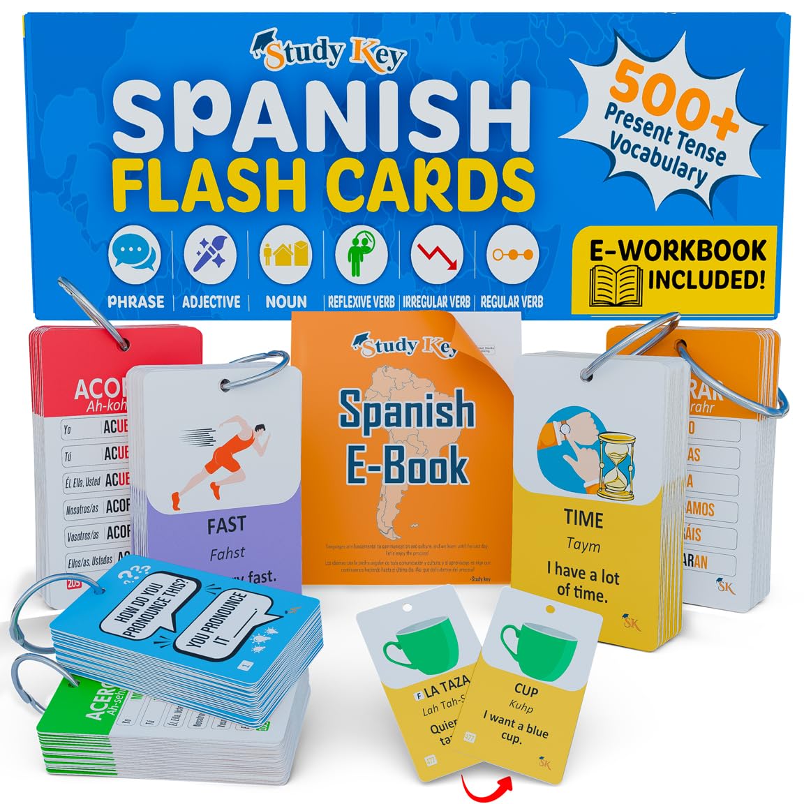 500+ Spanish Vocabulary Flash Cards for Adults & Kids Ages 15+ - Verb Conjugation, Nouns, Adjectives & Phrases to Learn Spanish for Adult Beginners
