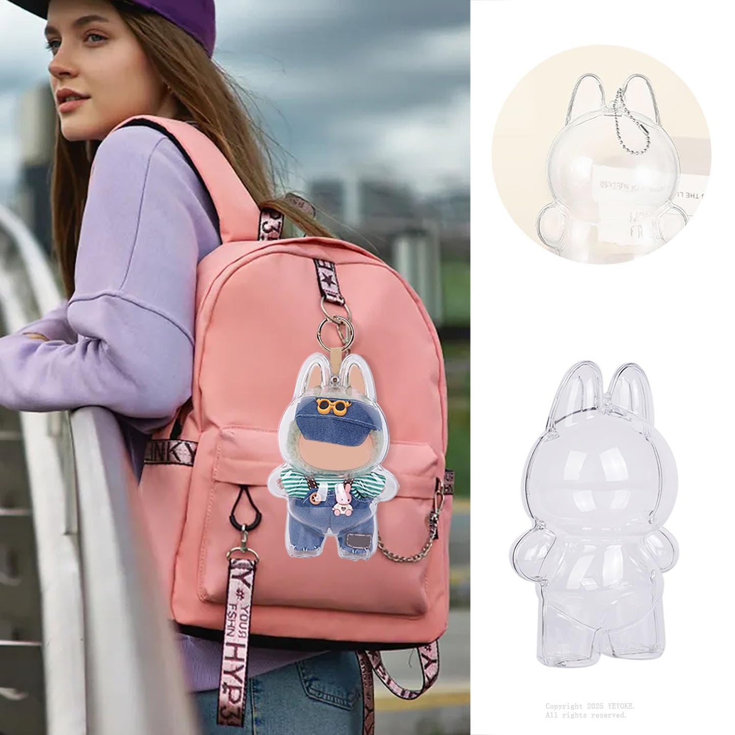 Protective Case Compatible with LABUBU Doll - Crystal-Clear Hard Display Box with Keychain & Dustproof Cover, Secure Backpack Hooks for Shelf/Outdoor