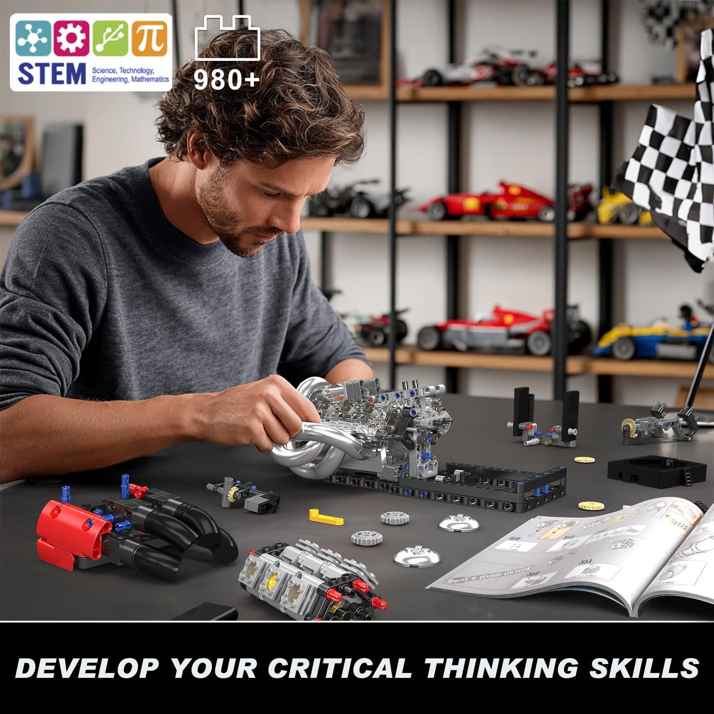 Mould King Racing Car Engine Building Kit, Build Your Own Engine Model Kit that Run, STEM Engineering & Physical Science Experiment Set with Battery