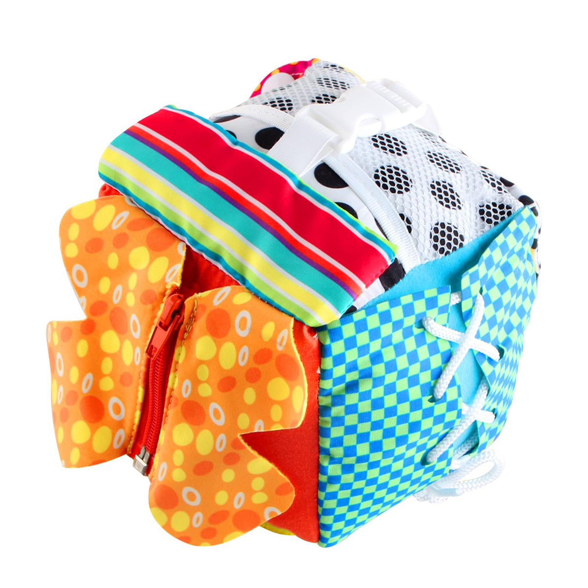 KAKIBLIN Cubic Activity Learning Toy with Zippers, Latches, Buckles, Laces, Snaps, Buttons and More - Perfect for Toddlers at Home, on Airplanes, Cars