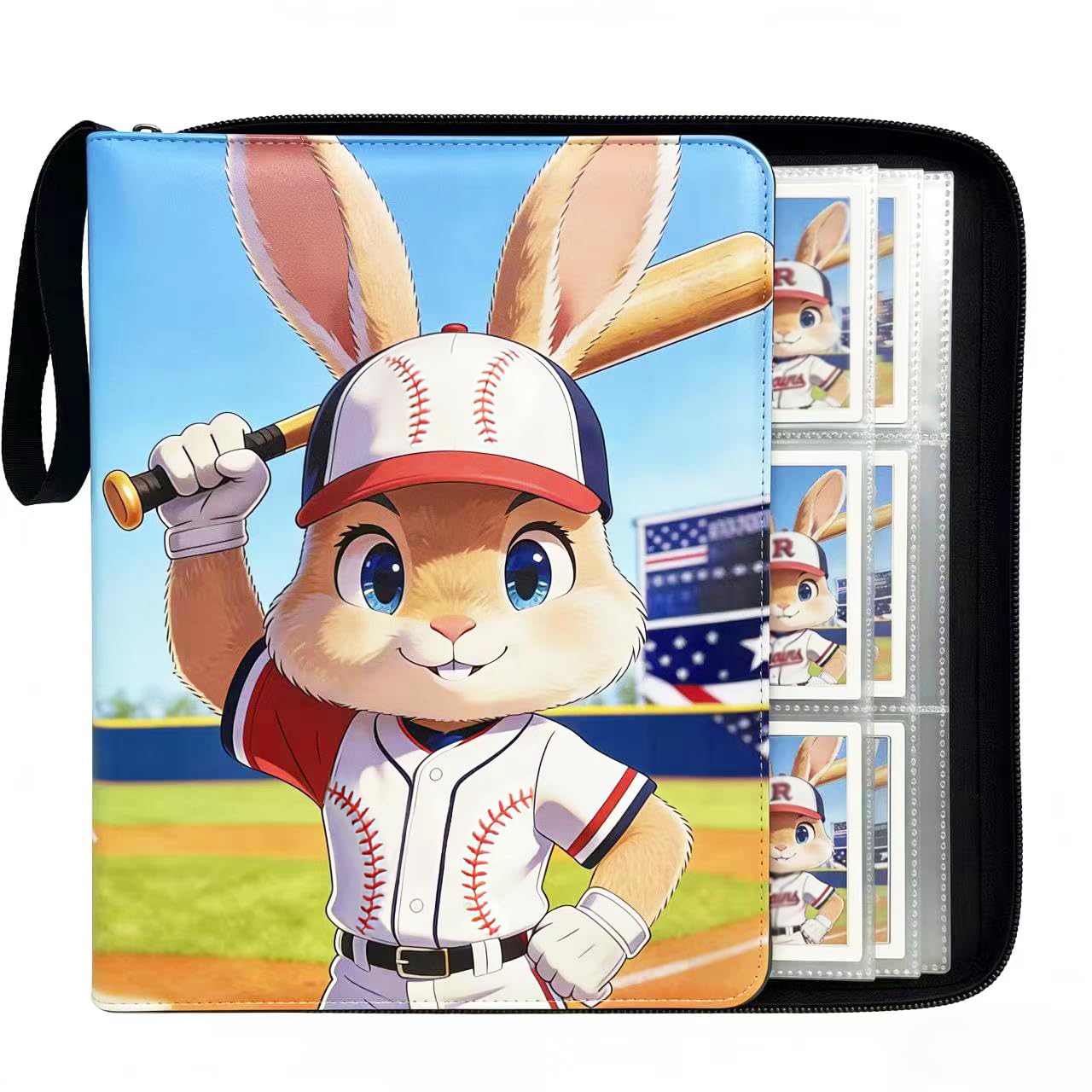 BPQWLF 9-Pocket Trading Card Binder 900 Pockets, Cute Bunny Cartoon PU Leather Card Album with 50 Removable Sleeves for Sports/Baseball