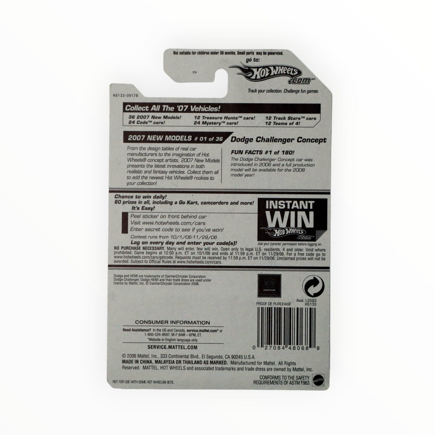 Hot Wheels 2007-001/180 New Models 01/36 Dodge Challenger Concept On Instant Win Card 1:64 Scale