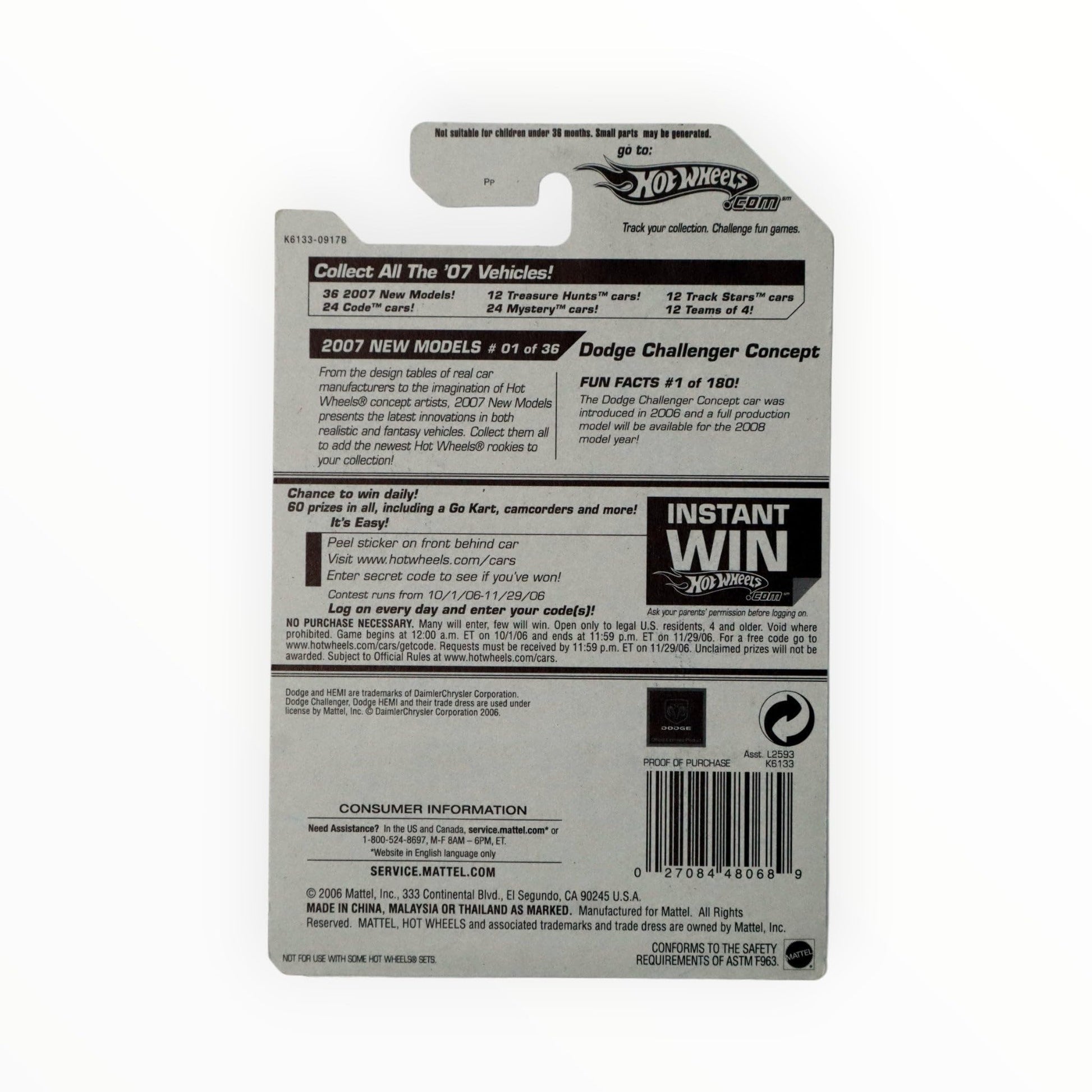 Hot Wheels 2007-001/180 New Models 01/36 Dodge Challenger Concept On Instant Win Card 1:64 Scale