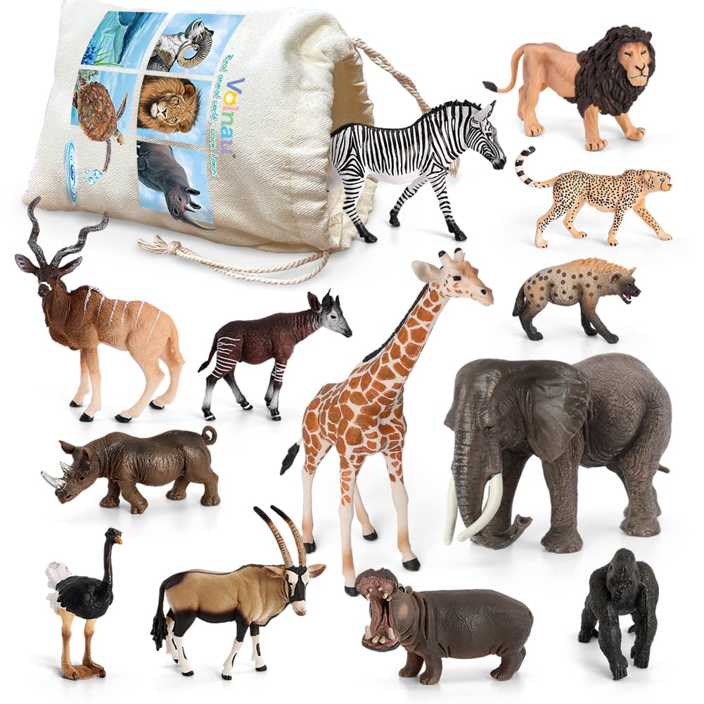 Volnau Safari Animal Figurines Toys 13PCS Africa Figures for Kids Toddlers Christmas Decoration Gift Preschool Educational Zoo Pack Lion Jungle Forest