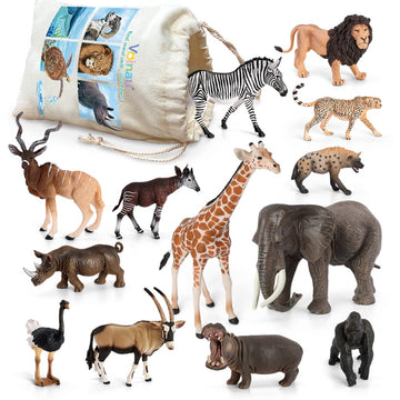 Volnau Safari Animal Figurines Toys 13PCS Africa Figures for Kids Toddlers Christmas Decoration Gift Preschool Educational Zoo Pack Lion Jungle Forest