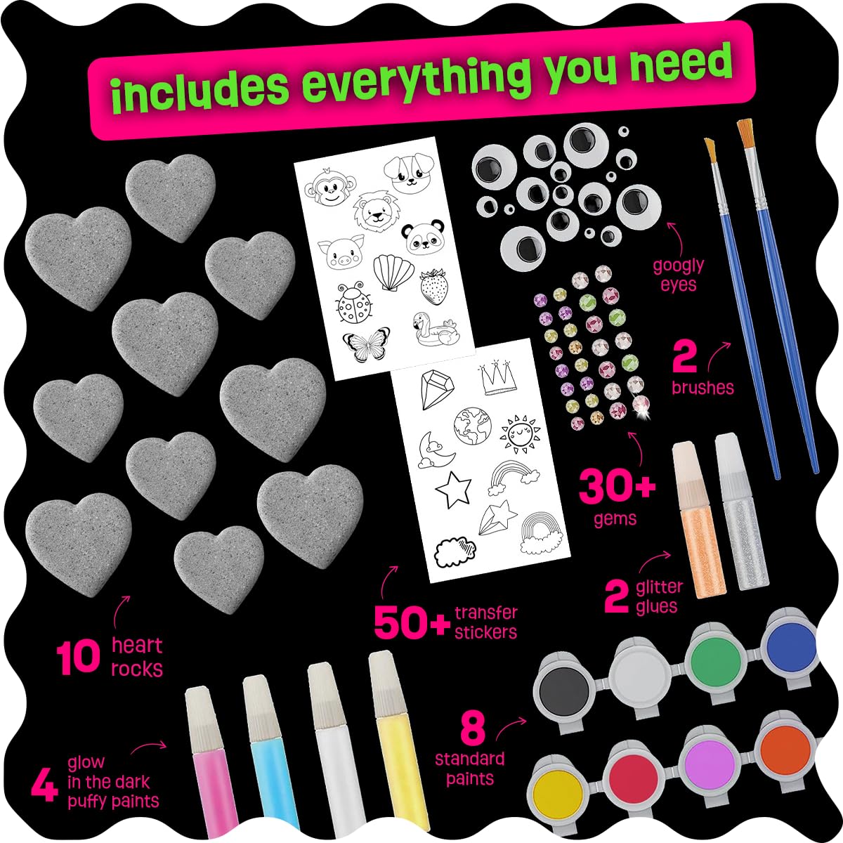 Hearts Rock Painting Kit for Kids Girls - Glow in Dark Art Supplies Ages 4-12 - Complete STEM Craft Set with Puffy Paint Stickers Gems Paints