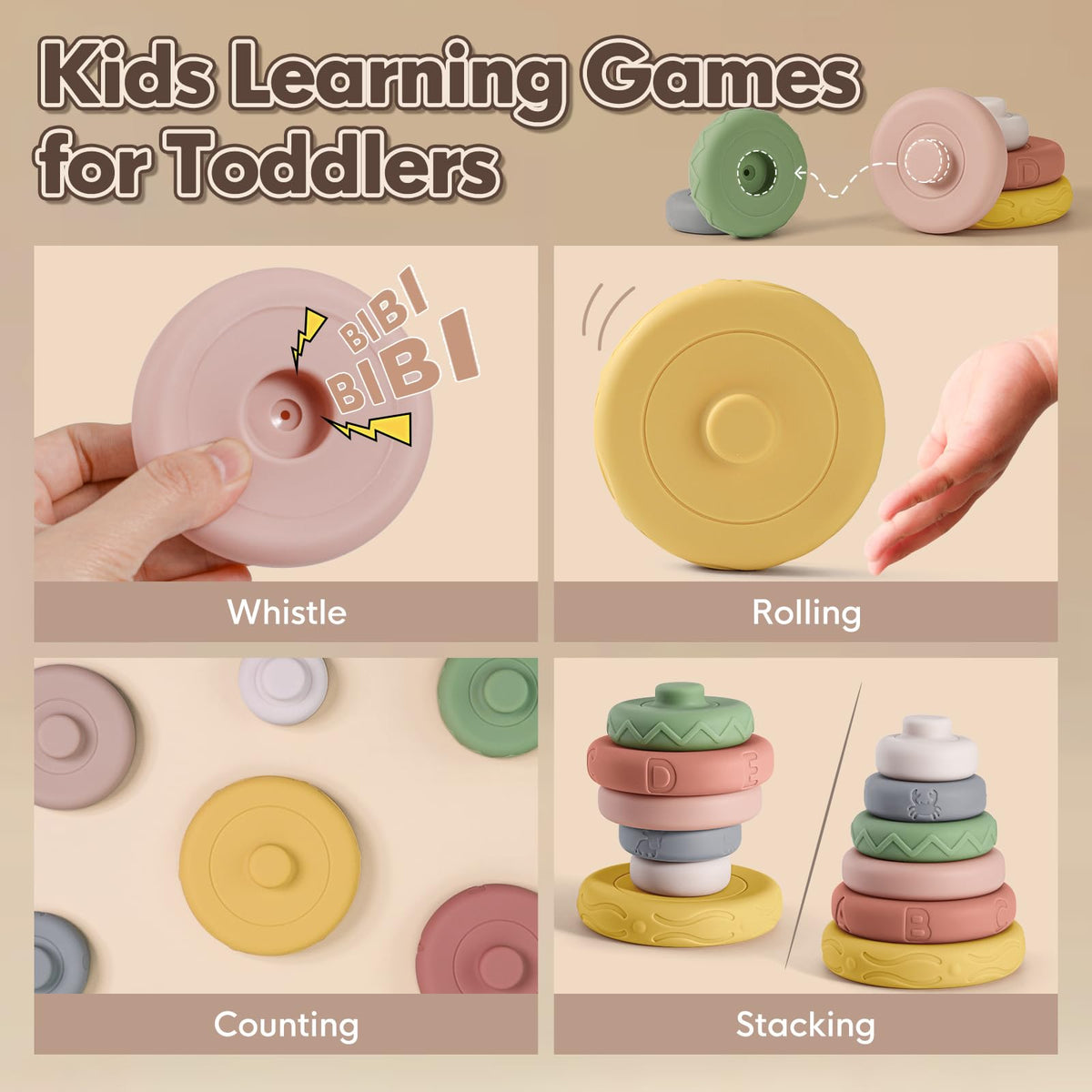 BOBXIN Baby Stacking & Nesting Rings Toy 4.7", 6pcs Soft Silicone Circle Building Stacker,Squeeze Play with Letter,Animal and Graphic,Toddler Sensory