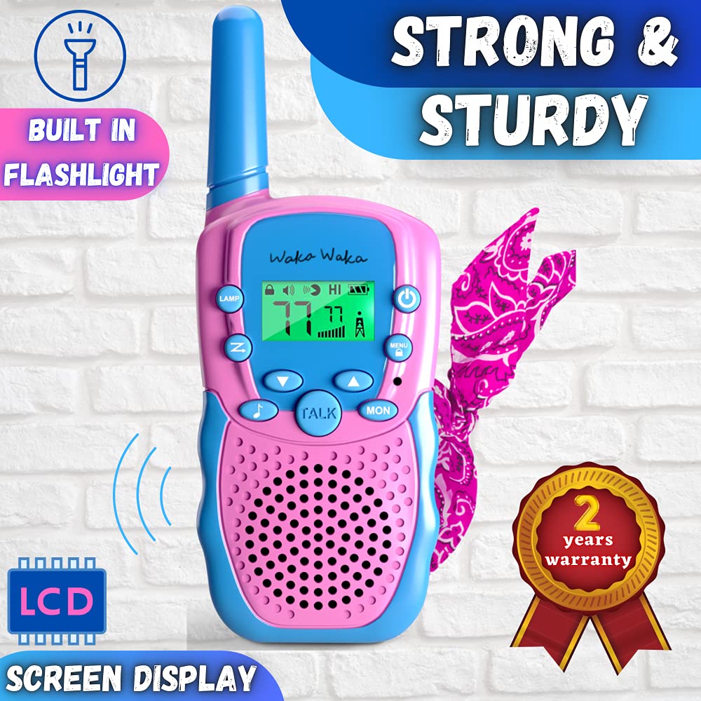 Waka Waka Walkie Talkies for Kids (2 Pack, Pink and Light Blue) - Long Range Two-Way Walkie Talkie Set with Bandanas and Whistles Included - Great for