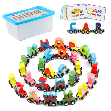 Wondertoys Wooden Alphabet Train Toy 27 PCS Magnetic Alphabet ABC Letter Train Set Includes 42 PCS Flash Cards, 1 Engine and 1 Storage Box