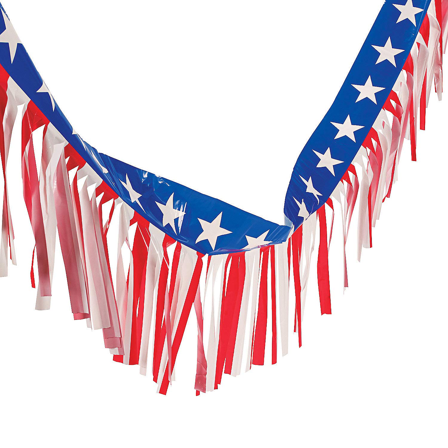 Fun Express American Flag Fringe Backdrop for 4th of July Decorations - 100ft Red White and Blue Streamers Party Decorations | Patriotic Decor