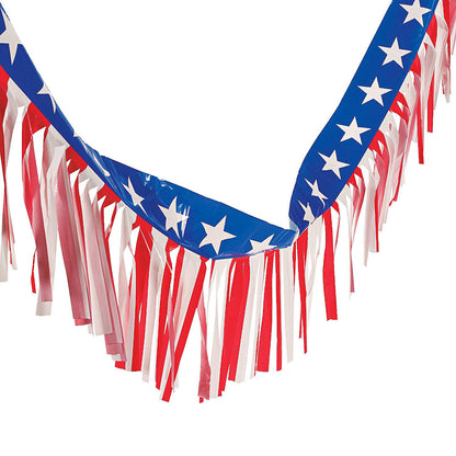 Fun Express American Flag Fringe Backdrop for 4th of July Decorations - 100ft Red White and Blue Streamers Party Decorations | Patriotic Decor