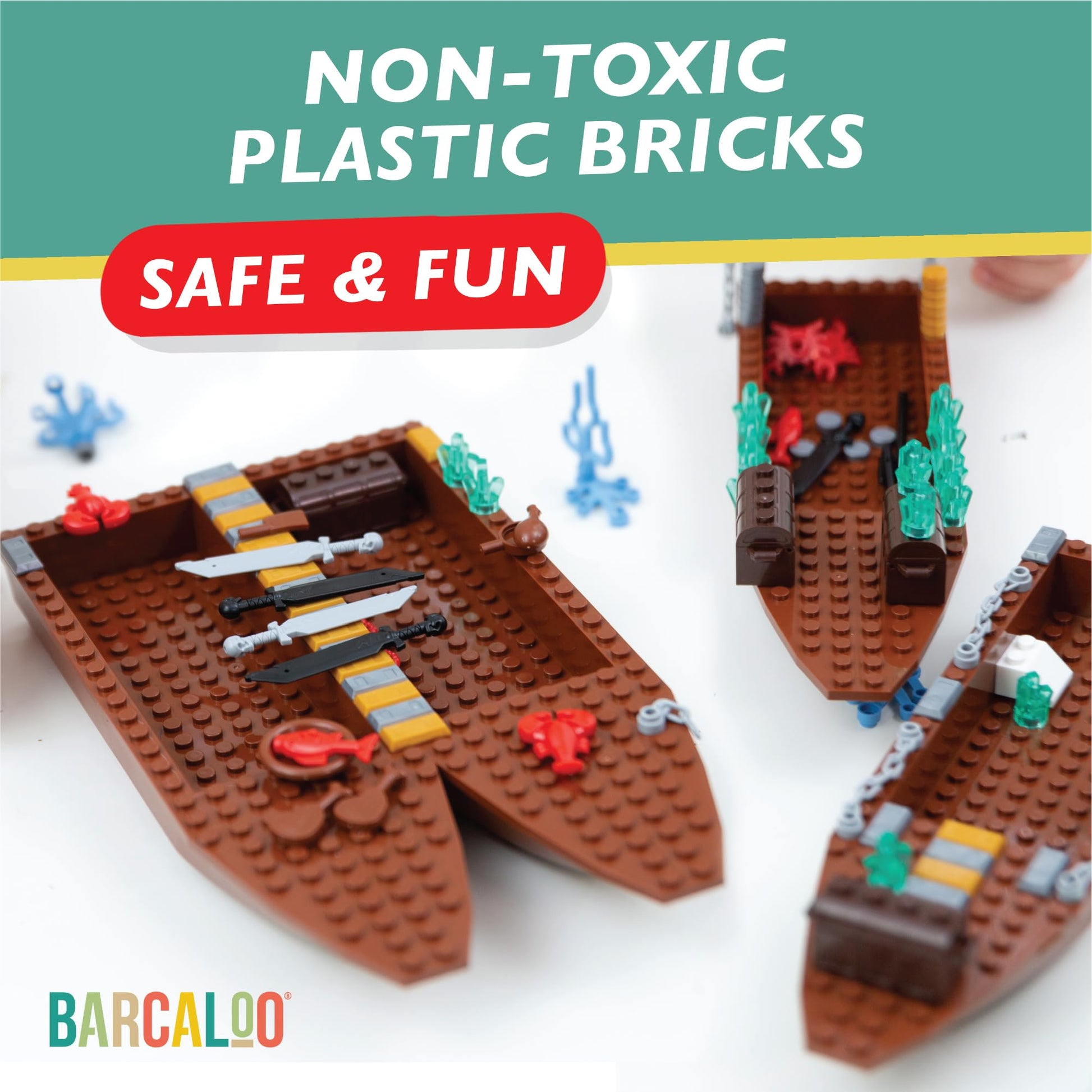 Barcaloo 194 Piece Building Bricks Accessories Kit - Pirate Ship Parts & Pieces Set with Boats, Treasure, Weapons, Plants & Wildlife Parts - Building