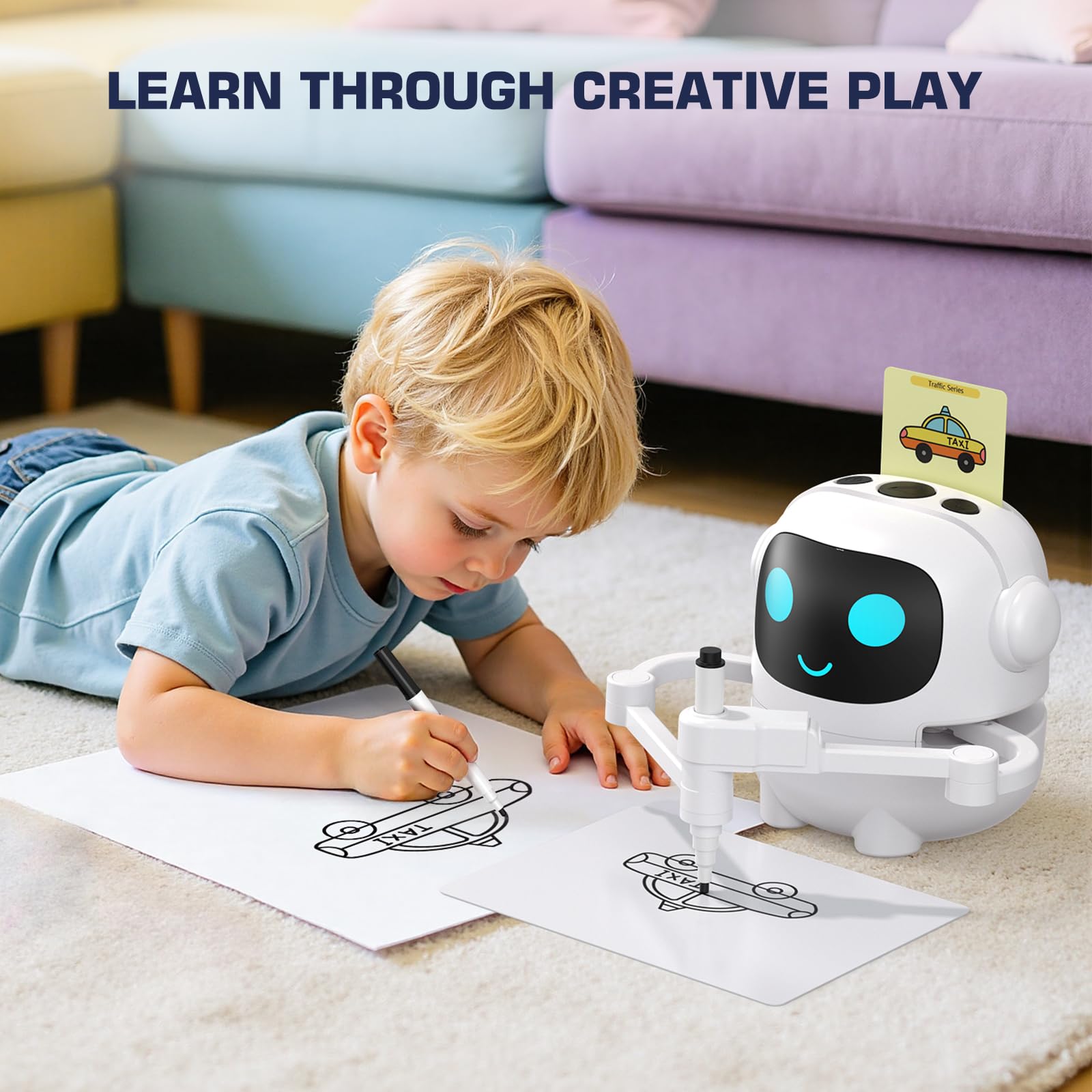 Drawing Robot for Kids, 200 Cards Voice Interactive Educational Toy for 3 4 5 6 7 8 Year Old Boys and Girls. Montessori Painting Learning Robot