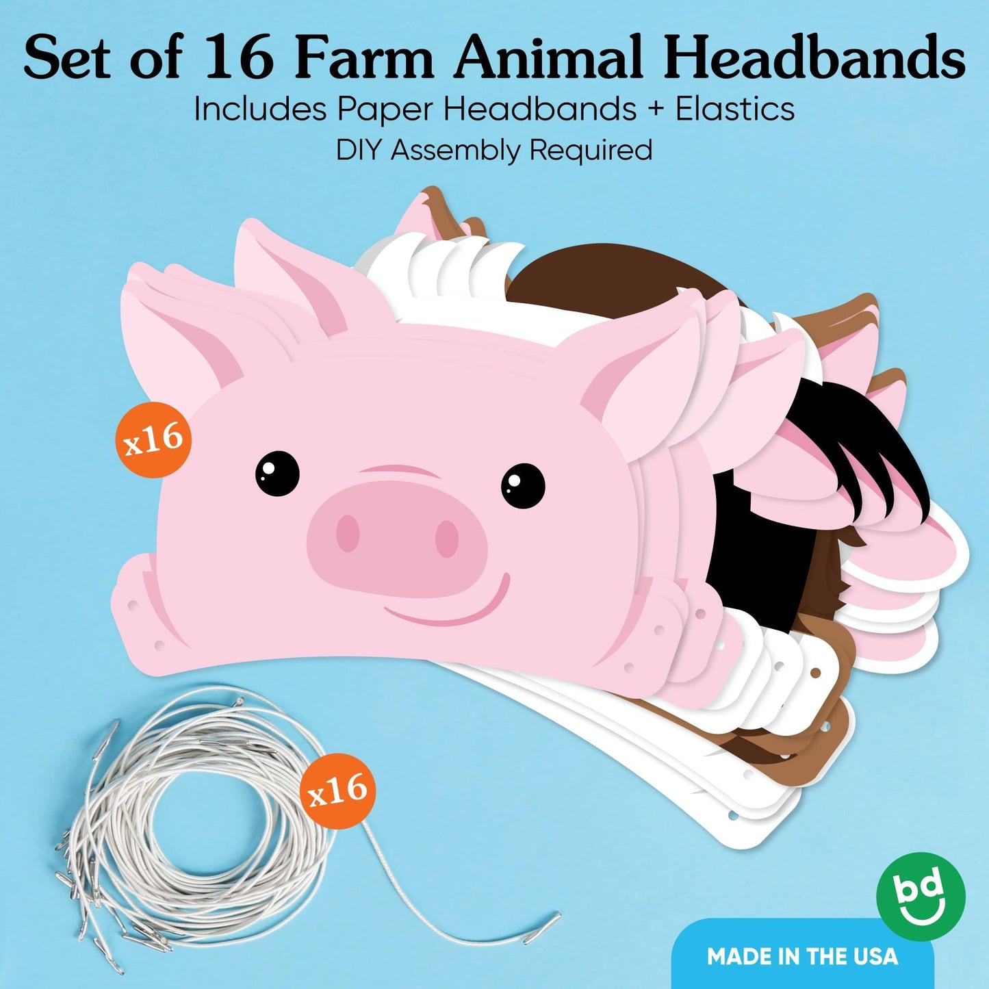 Big Dot of Happiness Paper Farm Animal Headbands, Barnyard Party Crowns for Kids Farm Birthday, DIY Pig, Horse, Sheep, Cow Party Hat Favors, 16 Count