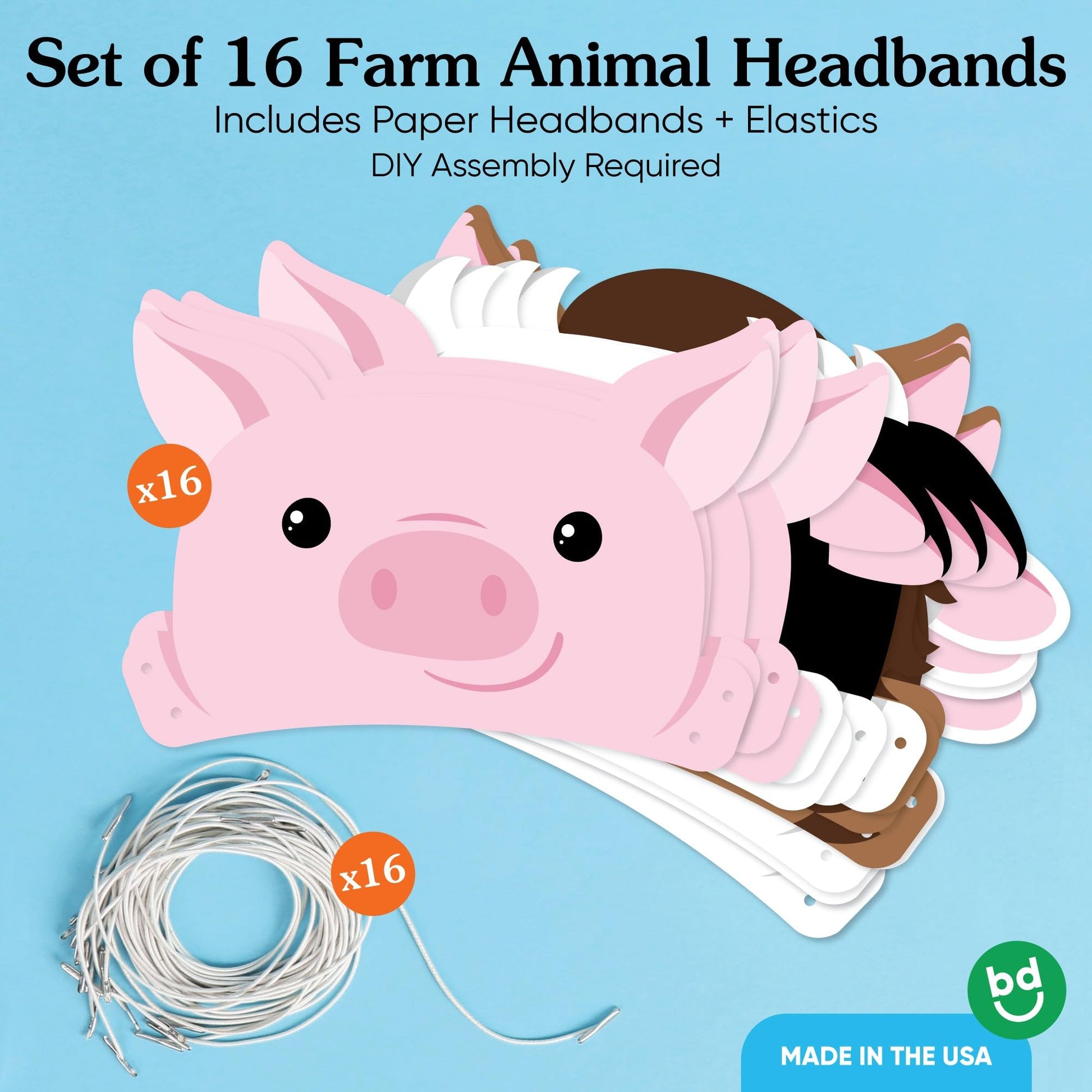 Big Dot of Happiness Paper Farm Animal Headbands, Barnyard Party Crowns for Kids Farm Birthday, DIY Pig, Horse, Sheep, Cow Party Hat Favors, 16 Count